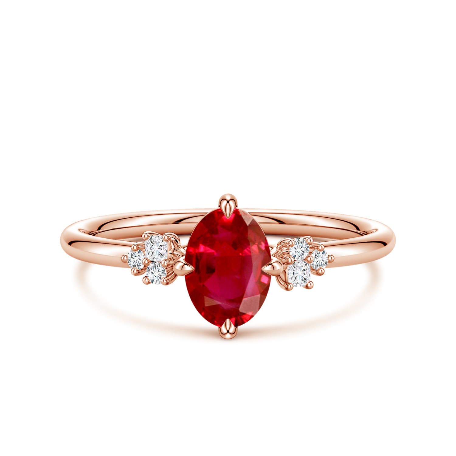 7x5mm AAA Oval Ruby Engagement Ring with Mixed Cut Diamonds in Rose Gold