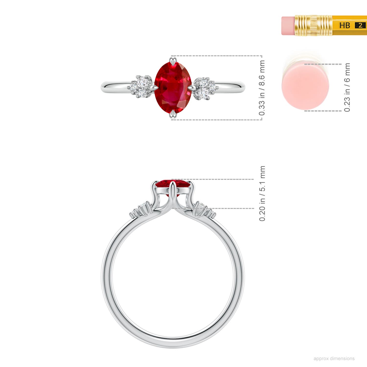 7x5mm AAA Oval Ruby Engagement Ring with Mixed Cut Diamonds in White Gold - ruler