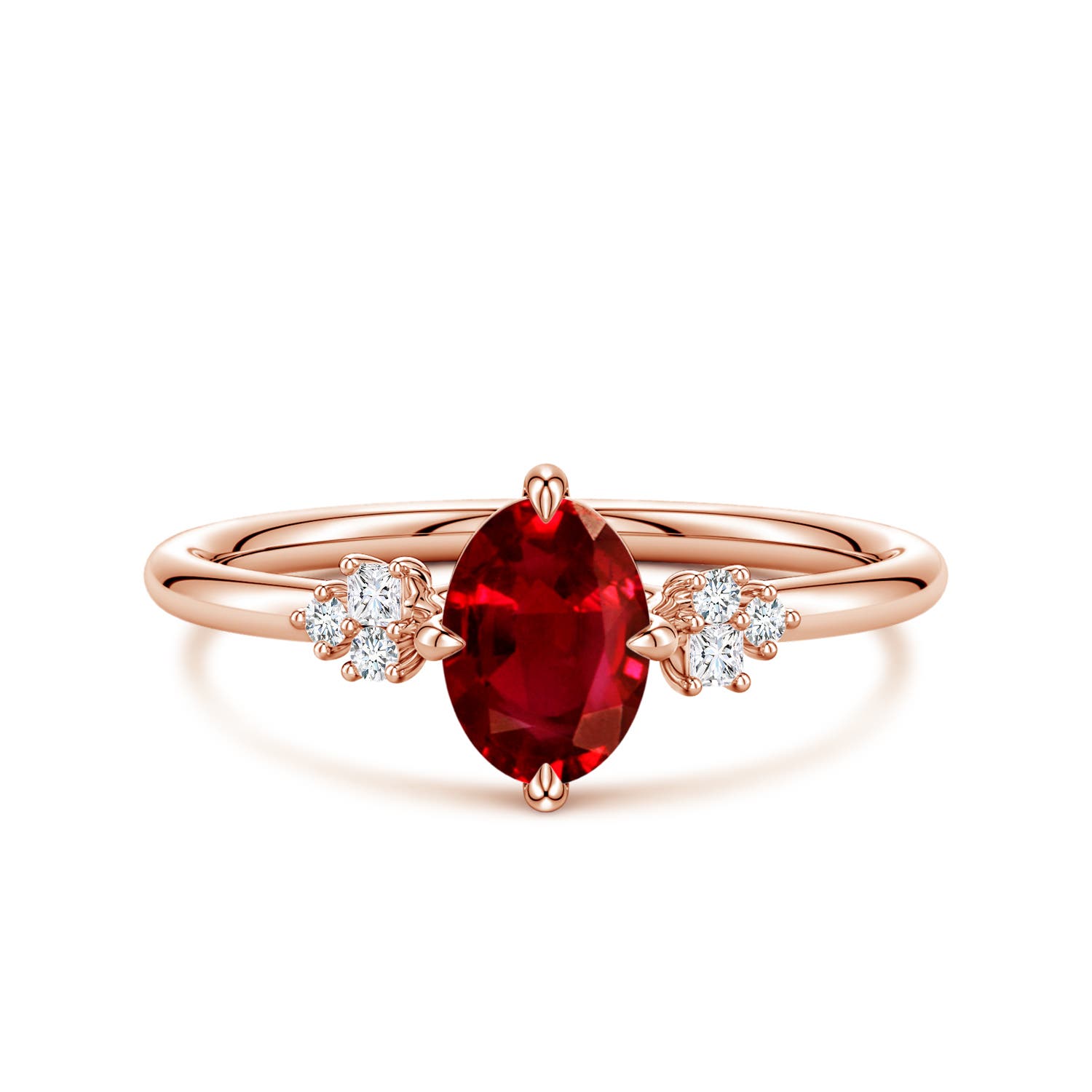 7x5mm AAAA Oval Ruby Engagement Ring with Mixed Cut Diamonds in Rose Gold