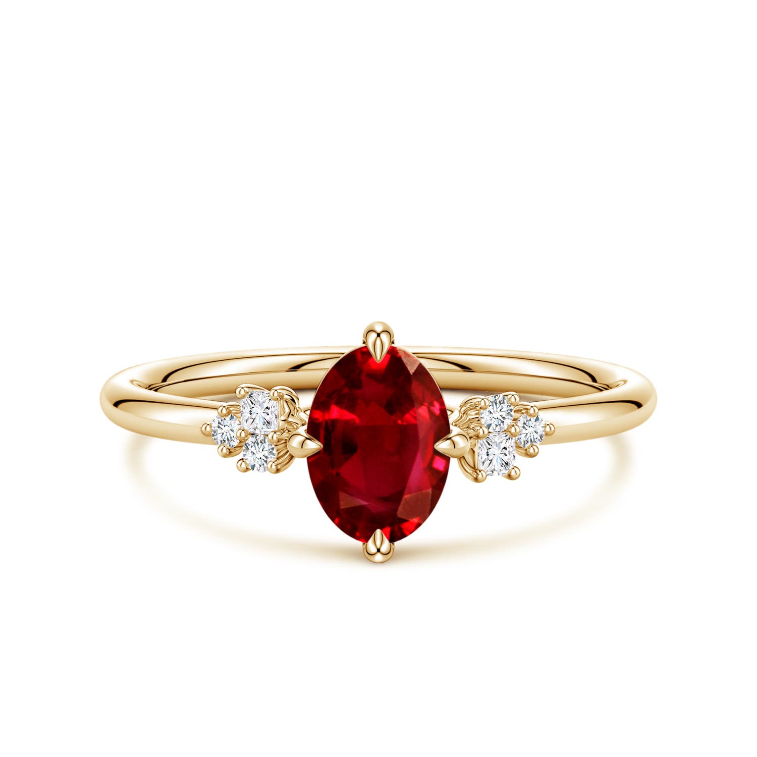 7x5mm AAAA Oval Ruby Engagement Ring with Mixed Cut Diamonds in Yellow Gold