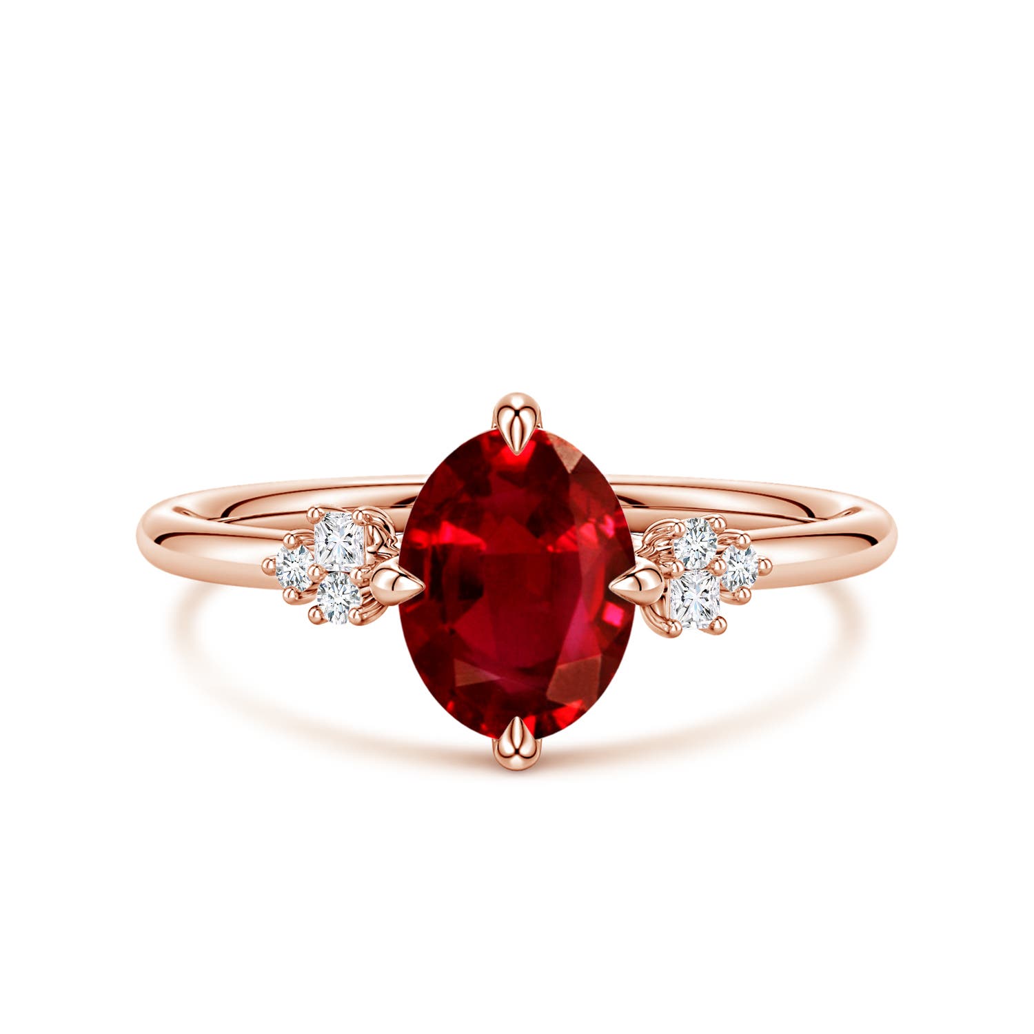 8x6mm AAAA Oval Ruby Engagement Ring with Mixed Cut Diamonds in Rose Gold