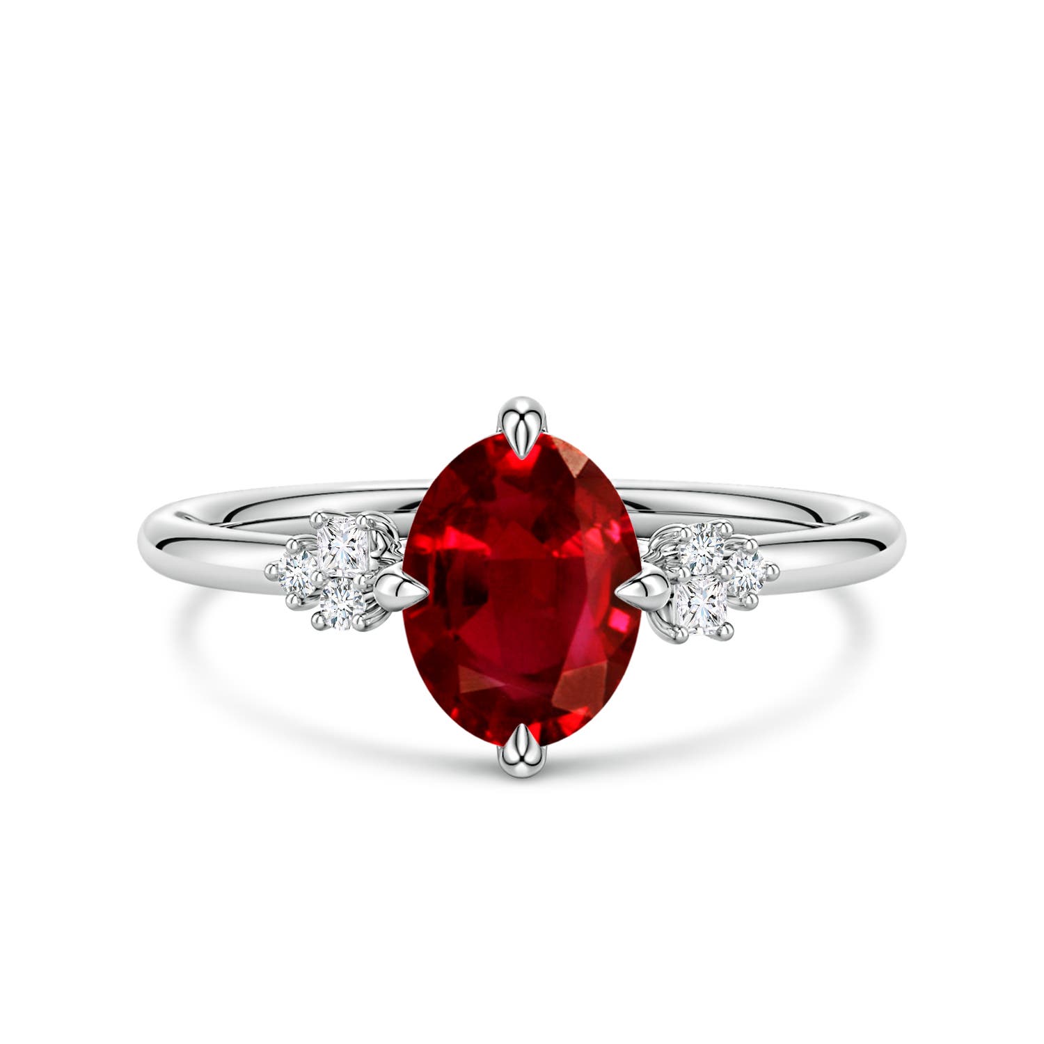 8x6mm AAAA Oval Ruby Engagement Ring with Mixed Cut Diamonds in White Gold