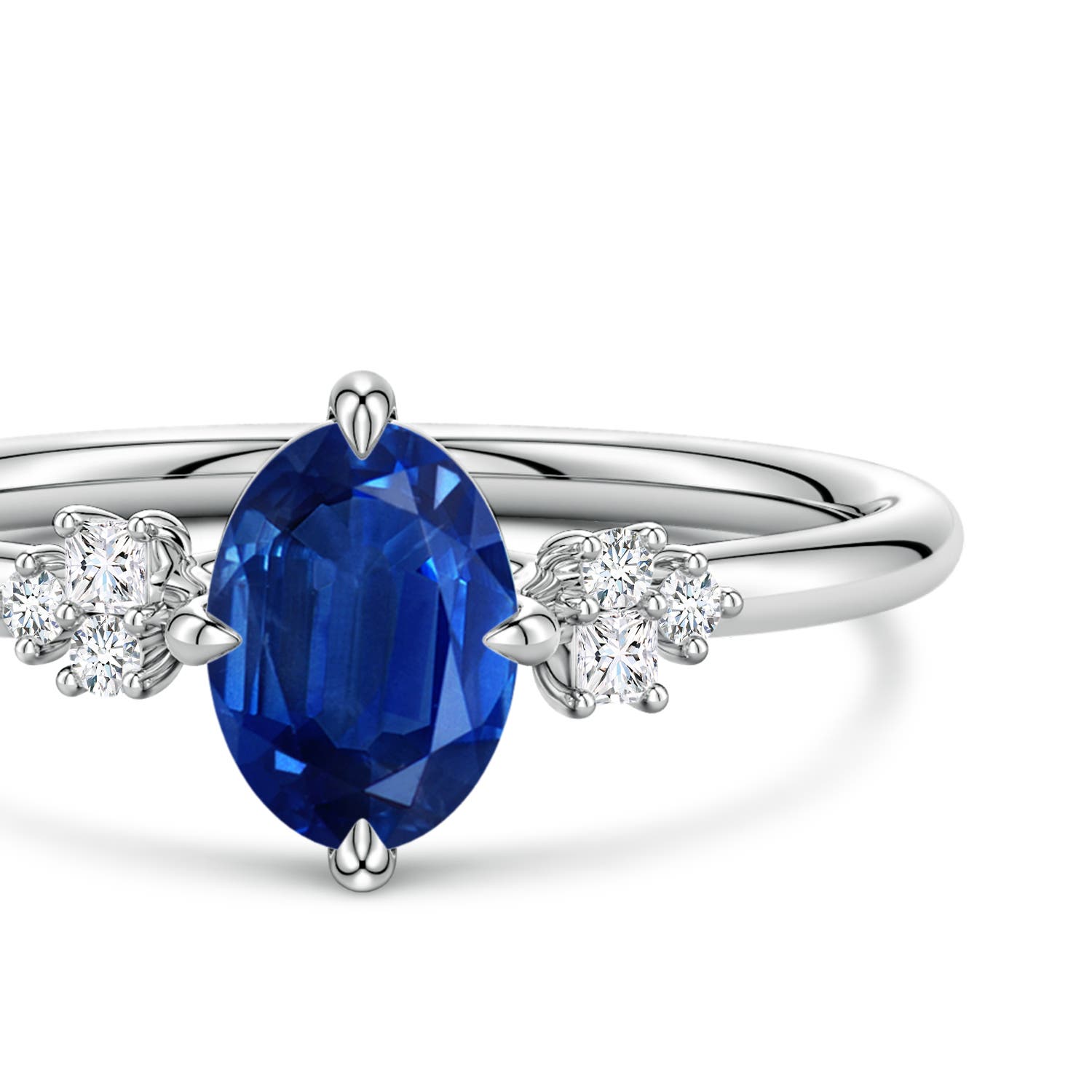 7x5mm AAA Oval Blue Sapphire Engagement Ring with Mixed Cut Diamonds in White Gold - side 4