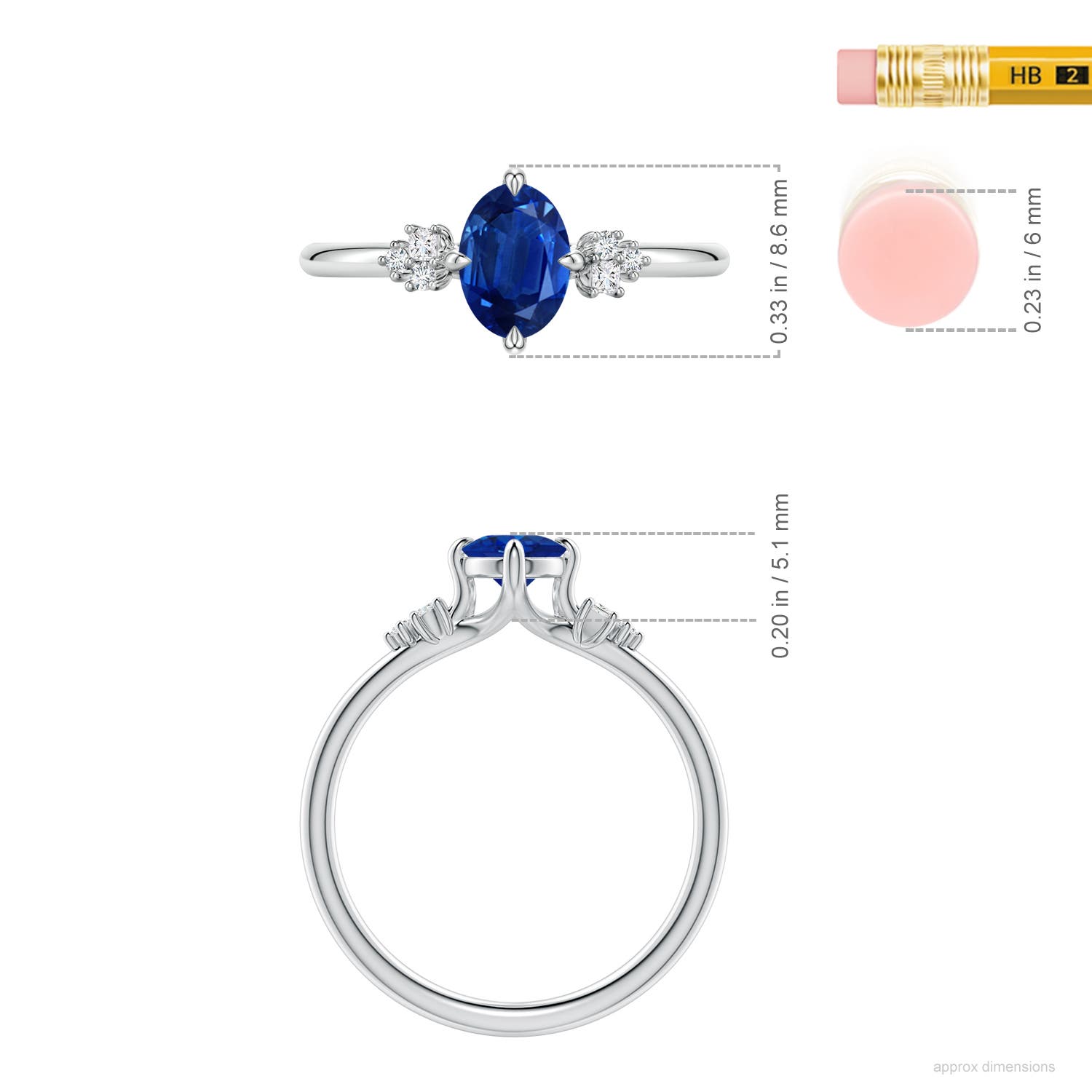 7x5mm AAA Oval Blue Sapphire Engagement Ring with Mixed Cut Diamonds in White Gold - ruler