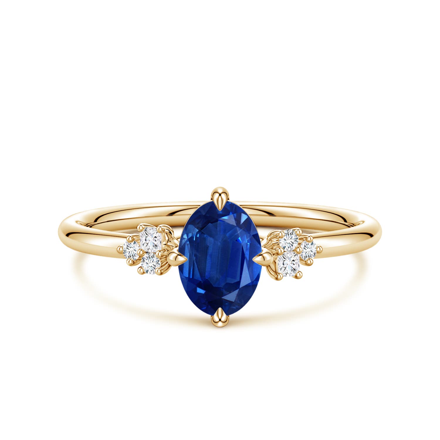 7x5mm AAA Oval Blue Sapphire Engagement Ring with Mixed Cut Diamonds in Yellow Gold