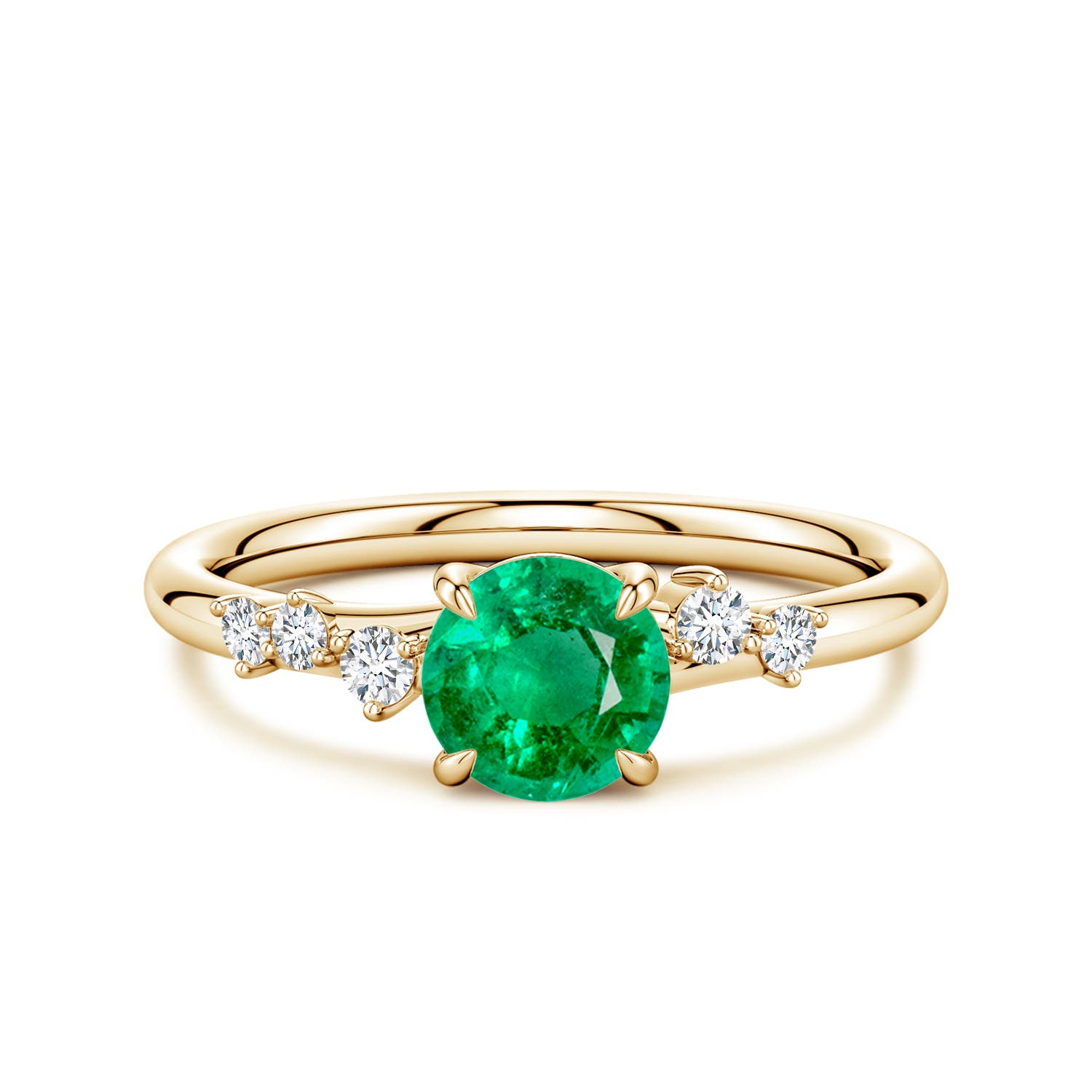 6mm AAA Round Emerald Engagement Ring with Scattered Accents in 18K Yellow Gold