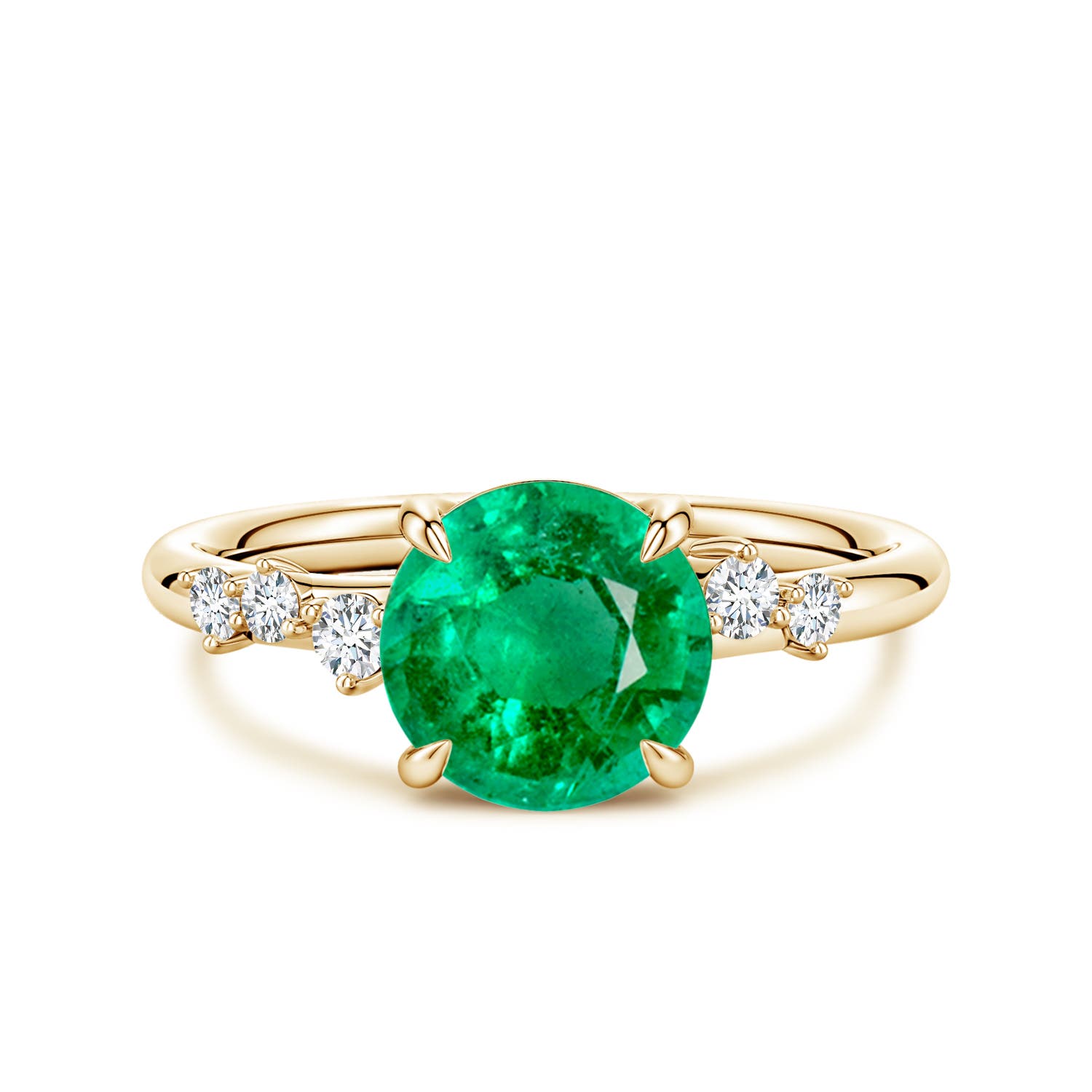 8mm AAA Round Emerald Engagement Ring with Scattered Accents in Yellow Gold