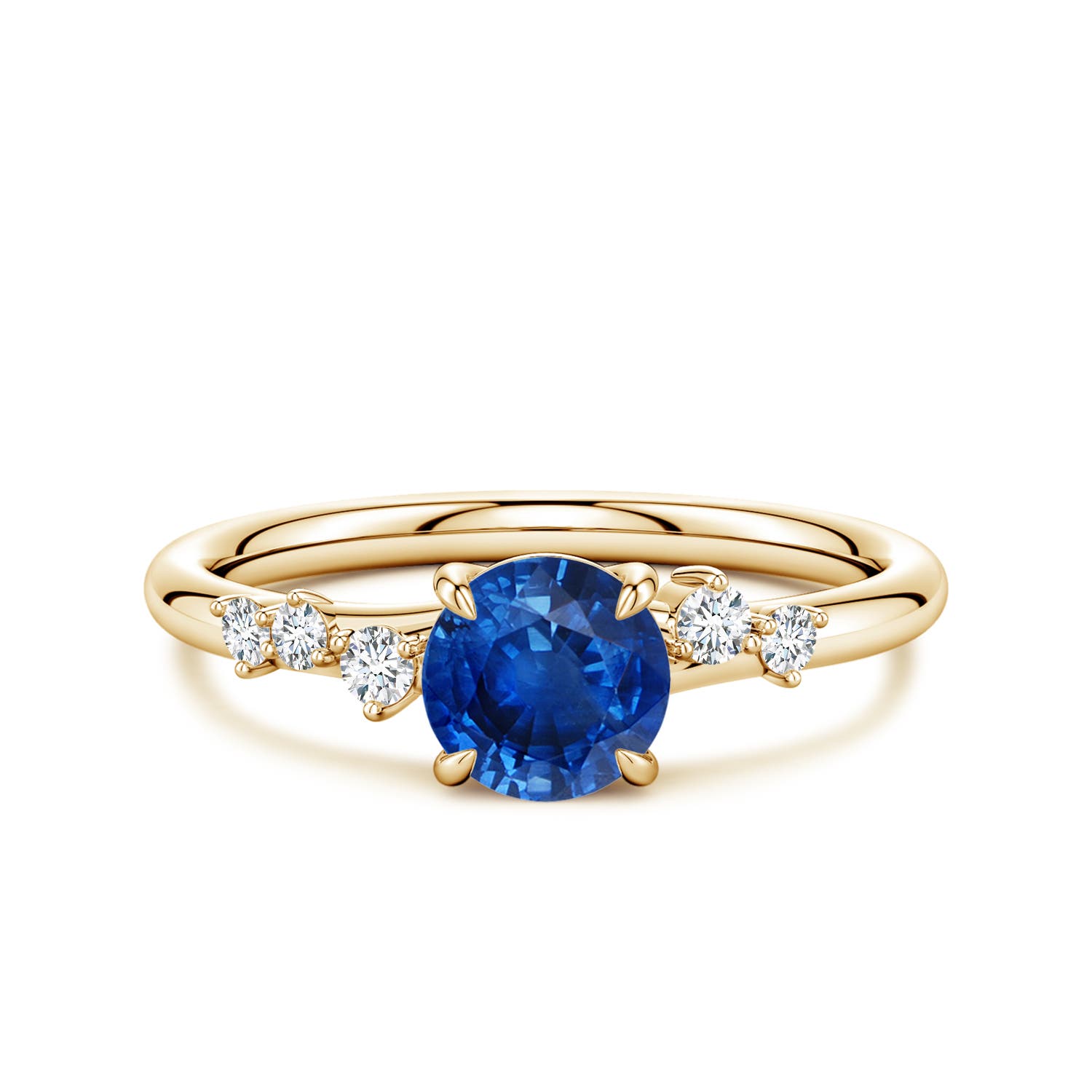 6mm AAA Round Blue Sapphire Engagement Ring with Scattered Accents in 18K Yellow Gold