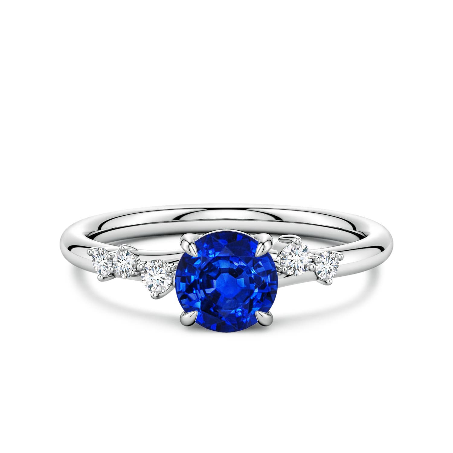 6mm AAAA Round Blue Sapphire Engagement Ring with Scattered Accents in White Gold