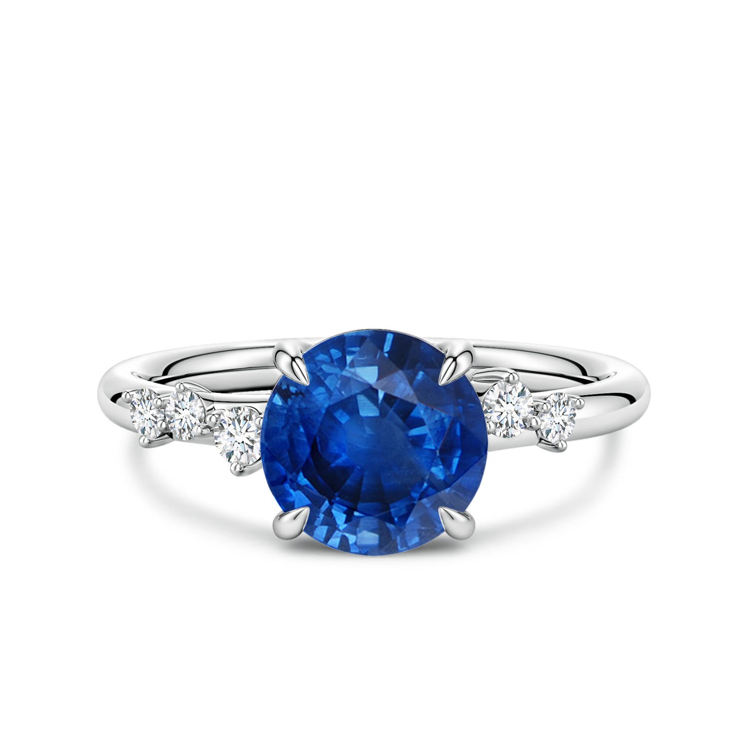 8mm AAA Round Blue Sapphire Engagement Ring with Scattered Accents in White Gold