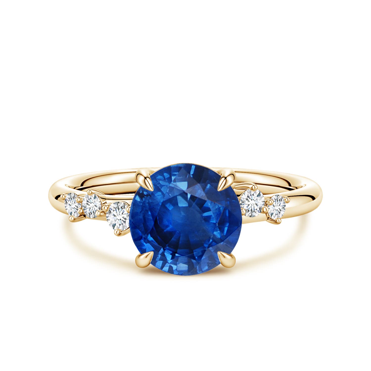 8mm AAA Round Blue Sapphire Engagement Ring with Scattered Accents in Yellow Gold