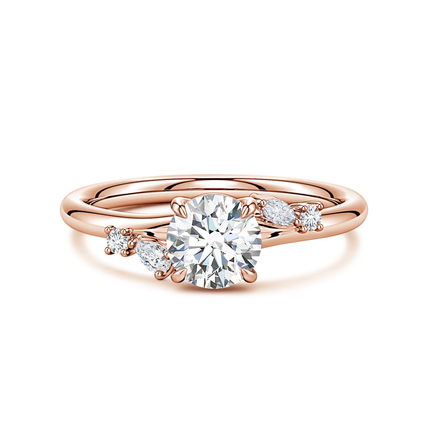 6mm GVS2 Round Diamond Engagement Ring with Mixed-Shaped Accents in Rose Gold