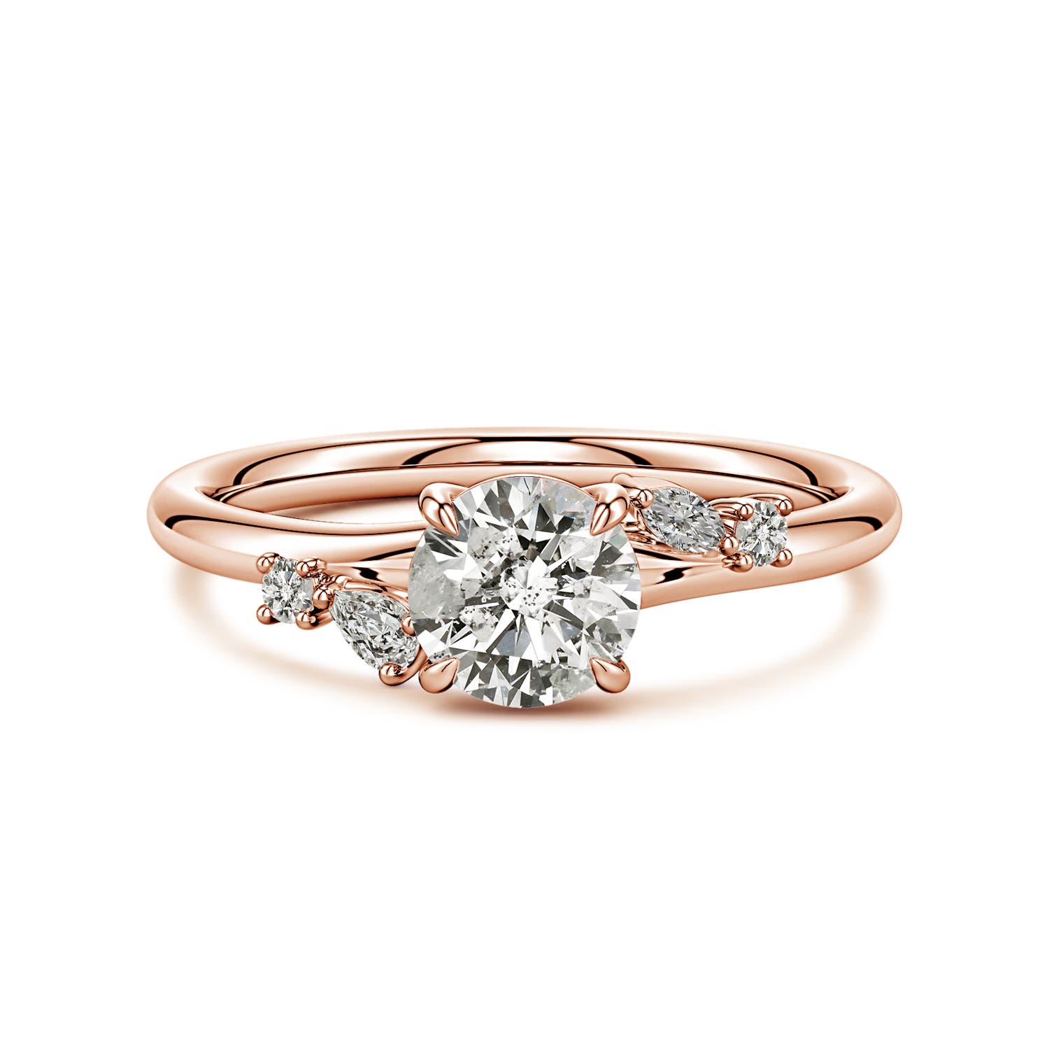 6mm KI3 Round Diamond Engagement Ring with Mixed-Shaped Accents in Rose Gold