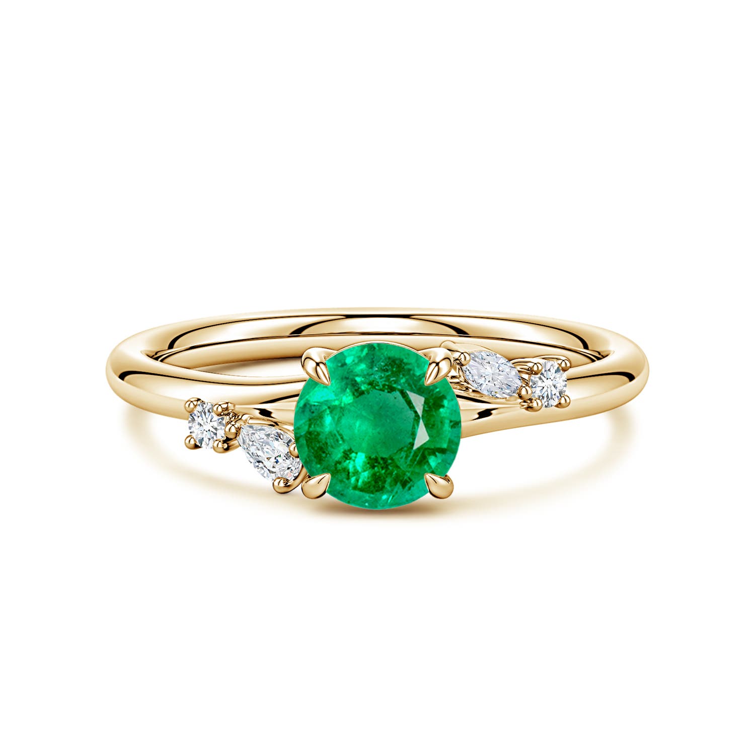 6mm AAA Round Emerald Engagement Ring with Multi-Shape Diamond Accents in 18K Yellow Gold