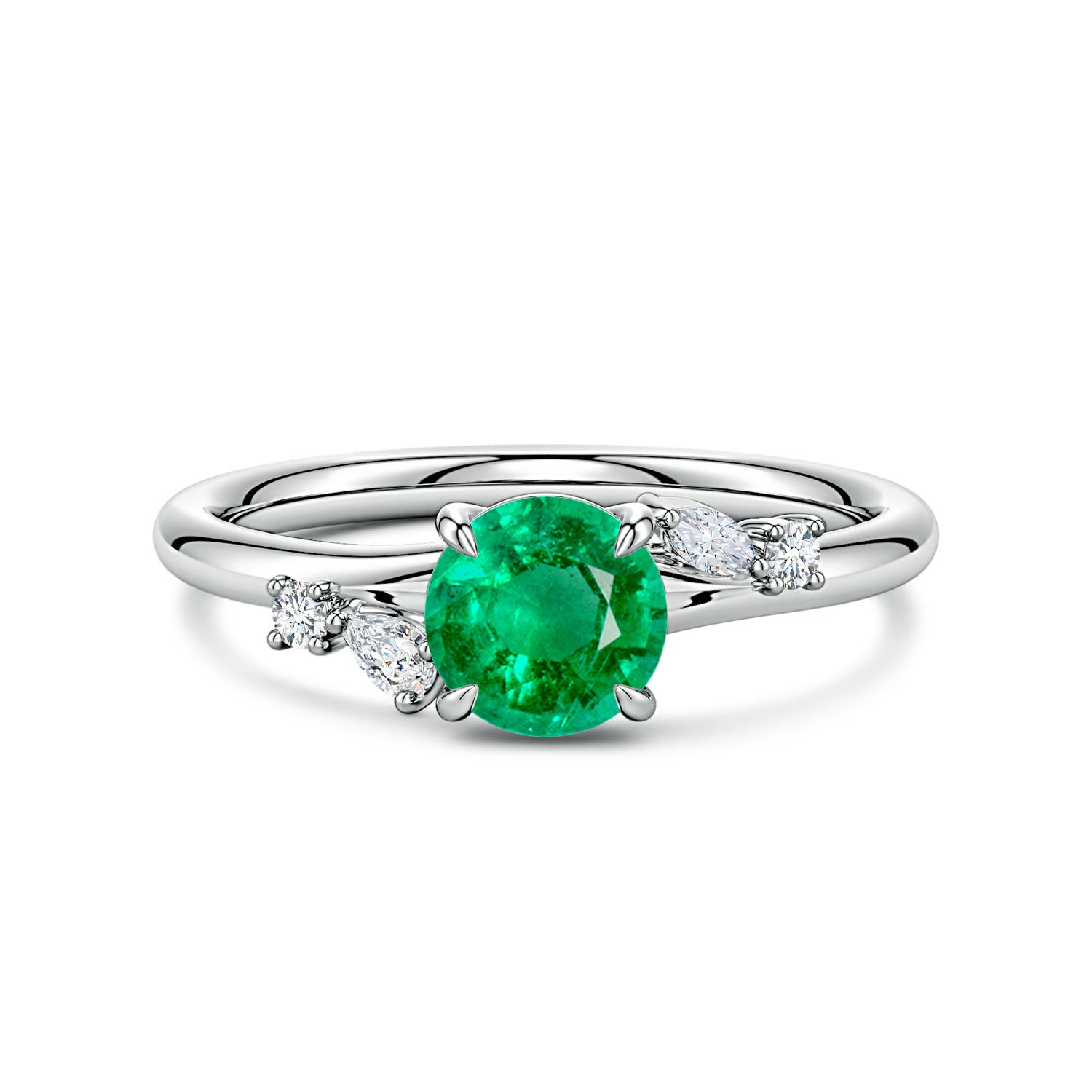 6mm AAA Round Emerald Engagement Ring with Multi-Shape Diamond Accents in White Gold