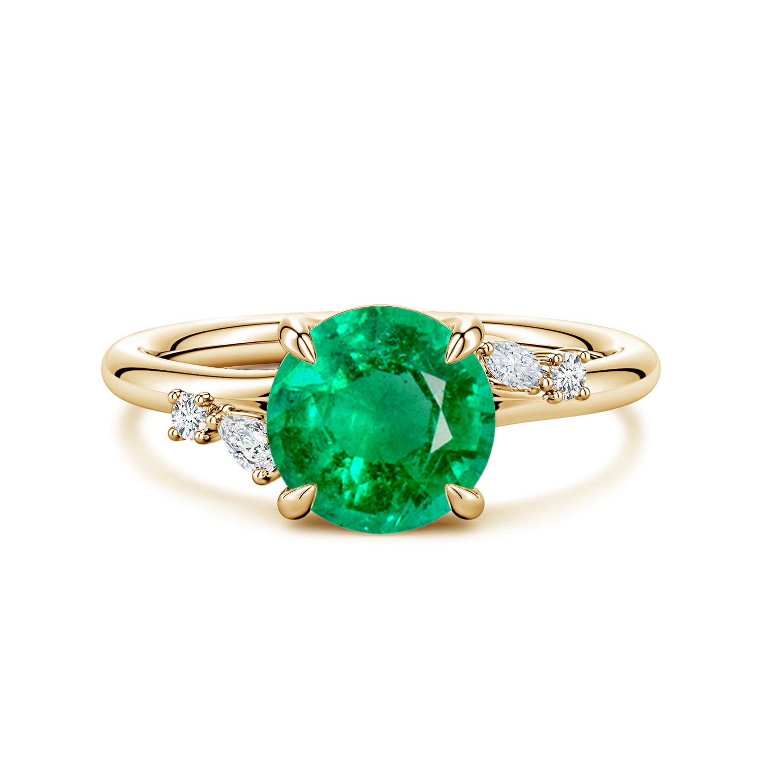 8mm AAA Round Emerald Engagement Ring with Multi-Shape Diamond Accents in Yellow Gold