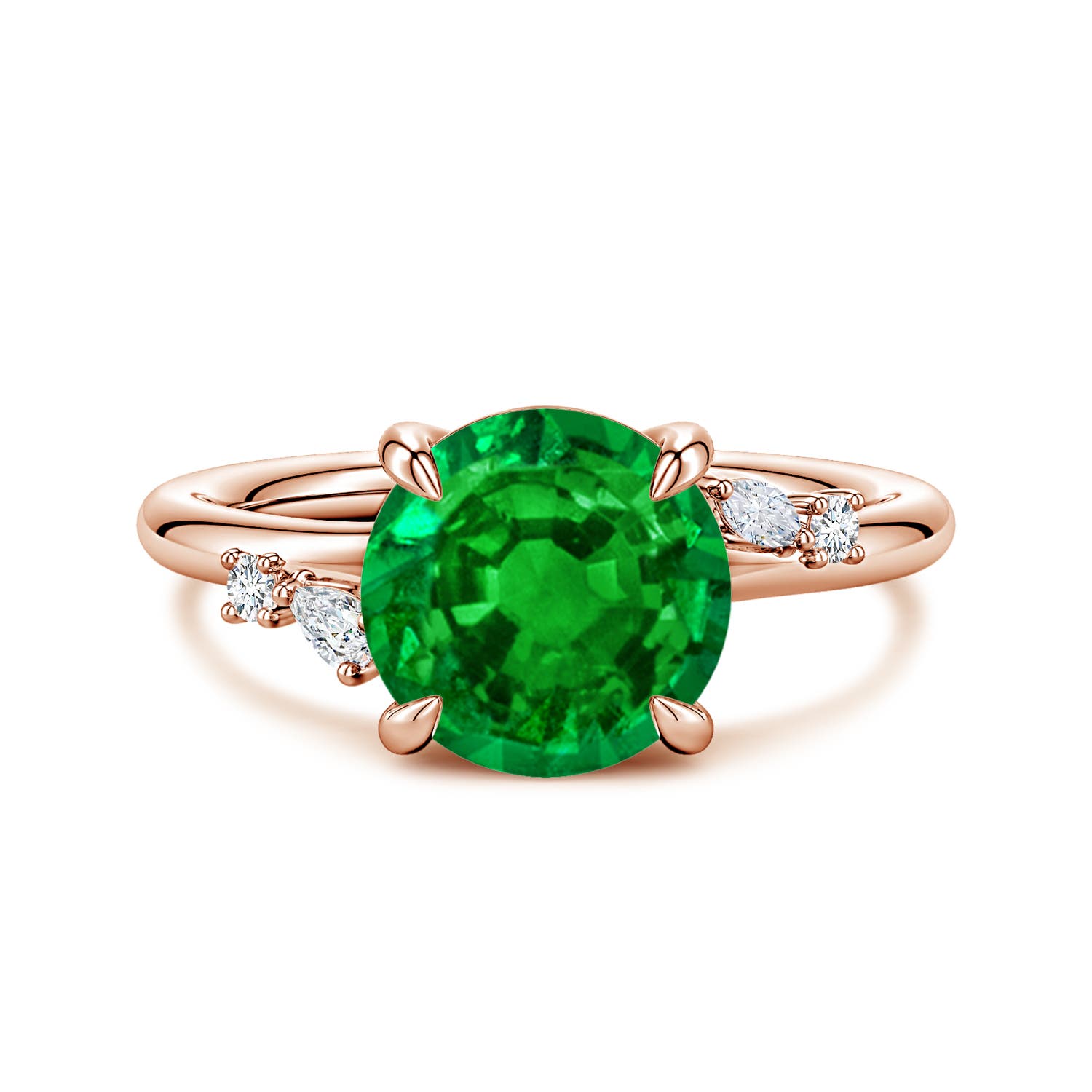 9mm AAAA Round Emerald Engagement Ring with Multi-Shape Diamond Accents in Rose Gold