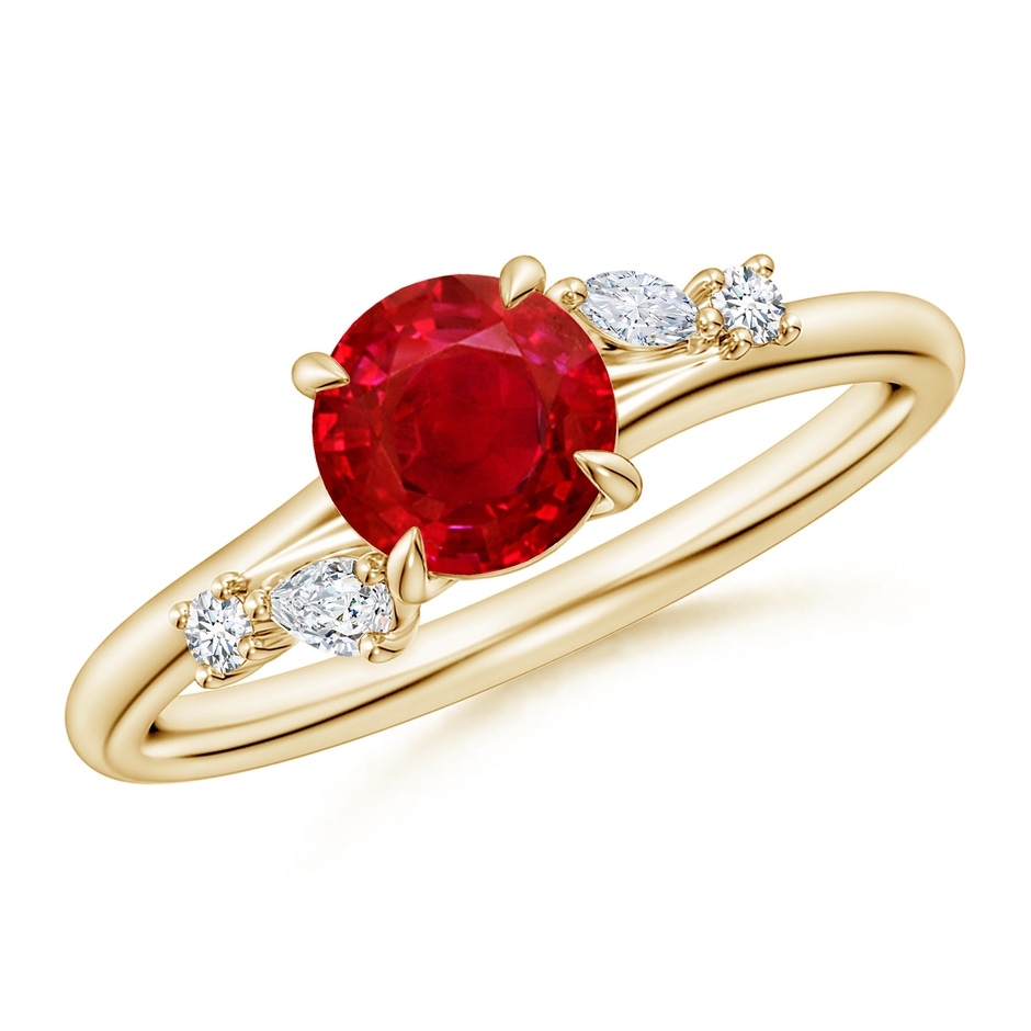 6mm AAA Round Ruby Engagement Ring with Multi-Shape Diamond Accents in Yellow Gold 