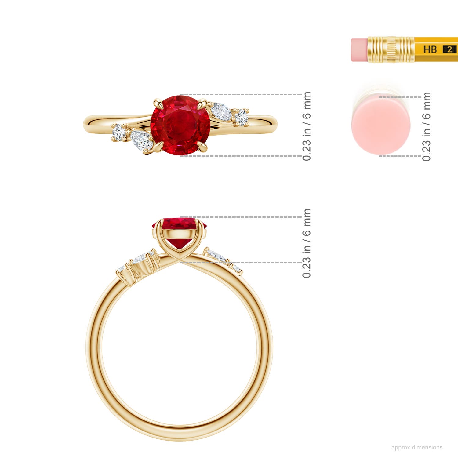 6mm AAA Round Ruby Engagement Ring with Multi-Shape Diamond Accents in Yellow Gold - ruler