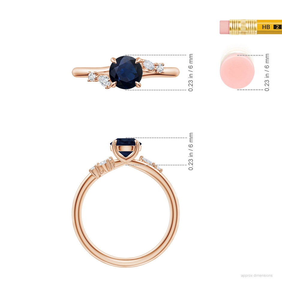 6mm A Round Blue Sapphire Engagement Ring with Multi-Shape Diamond Accents in 18K Rose Gold ruler