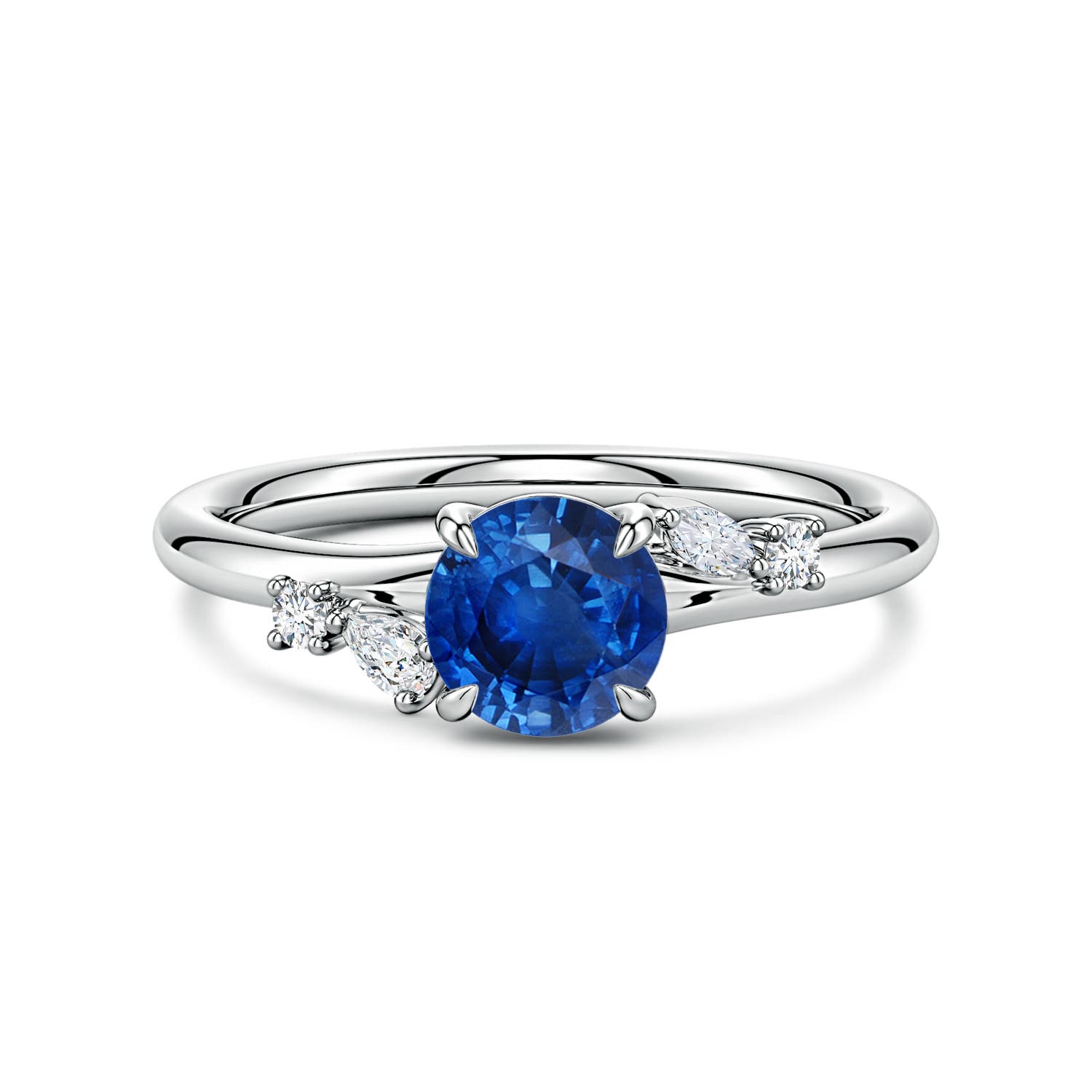 6mm AAA Round Blue Sapphire Engagement Ring with Multi-Shape Diamond Accents in 18K White Gold
