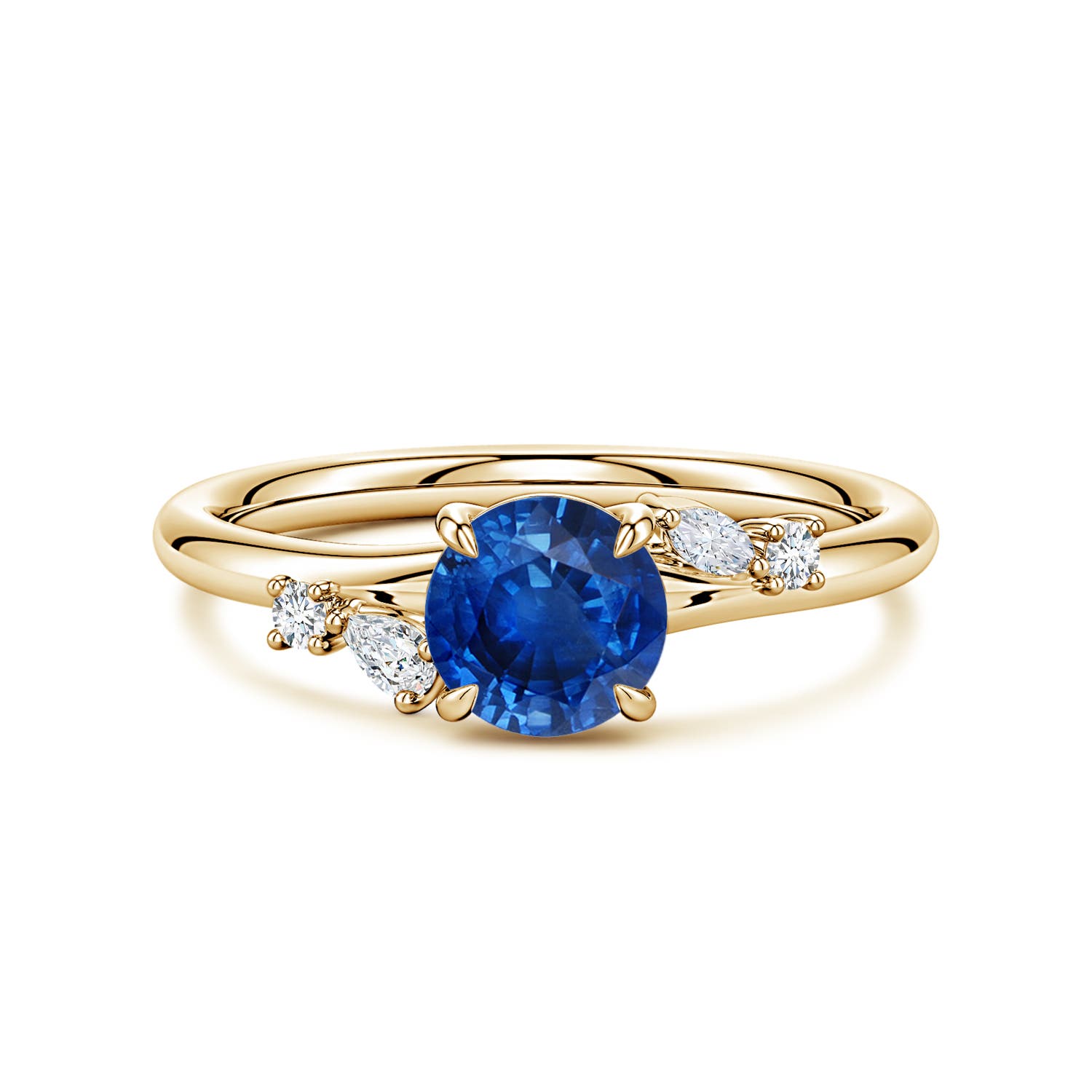 6mm AAA Round Blue Sapphire Engagement Ring with Multi-Shape Diamond Accents in 18K Yellow Gold