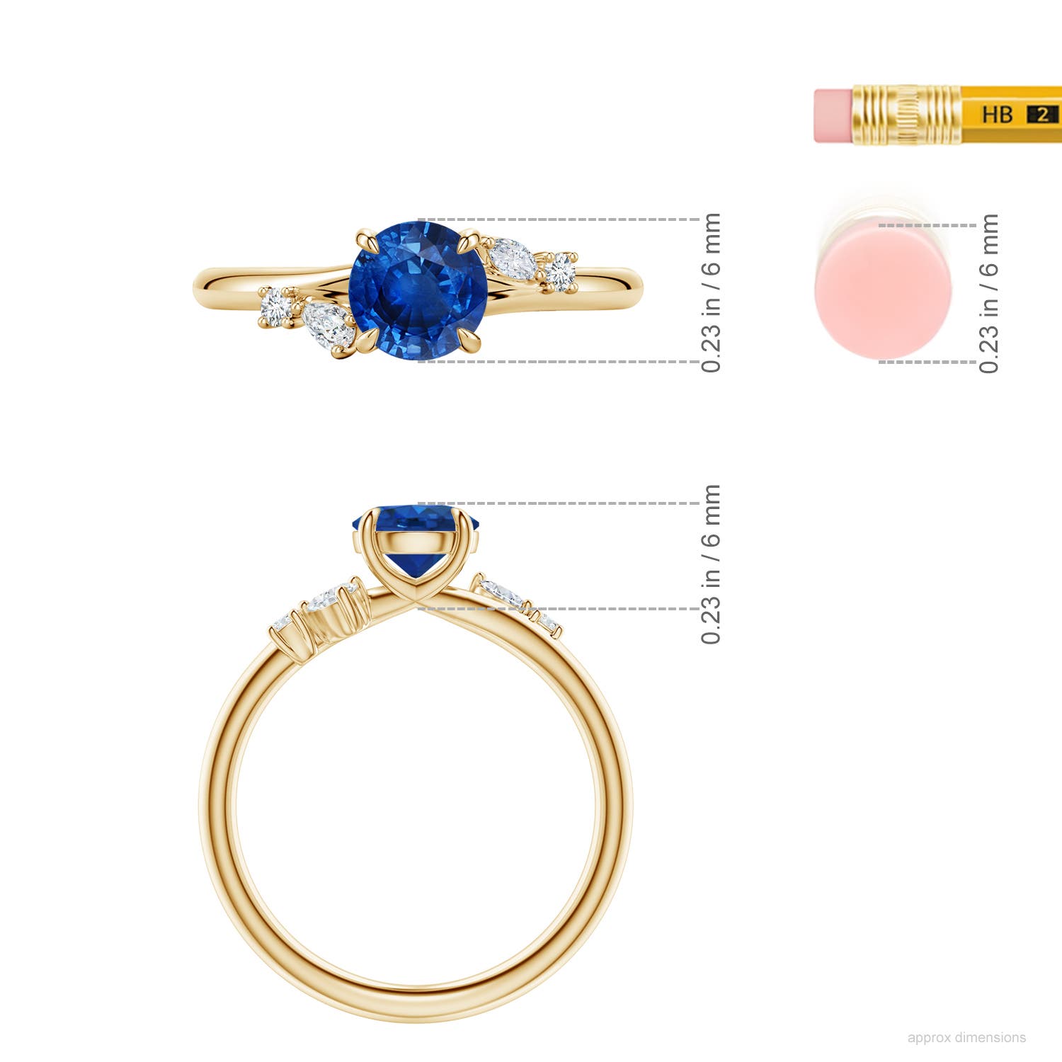6mm AAA Round Blue Sapphire Engagement Ring with Multi-Shape Diamond Accents in Yellow Gold - ruler