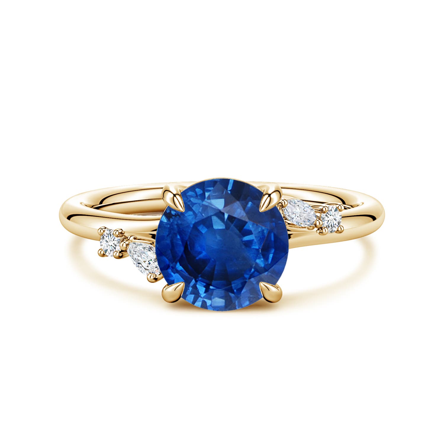 8mm AAA Round Blue Sapphire Engagement Ring with Multi-Shape Diamond Accents in Yellow Gold