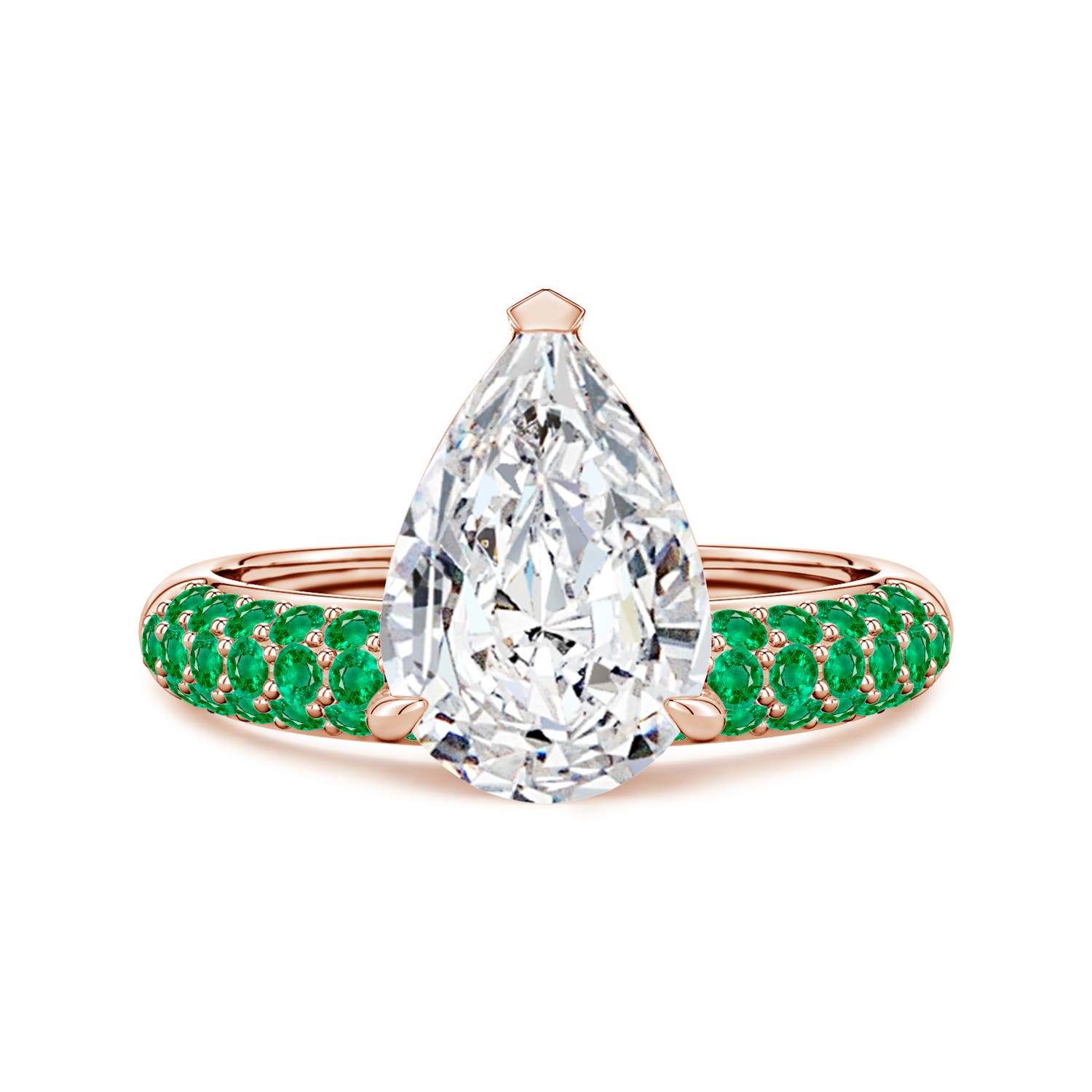 12x8mm HSI2 Off-Centered Pear Diamond Engagement Ring with Emeralds in 18K Rose Gold