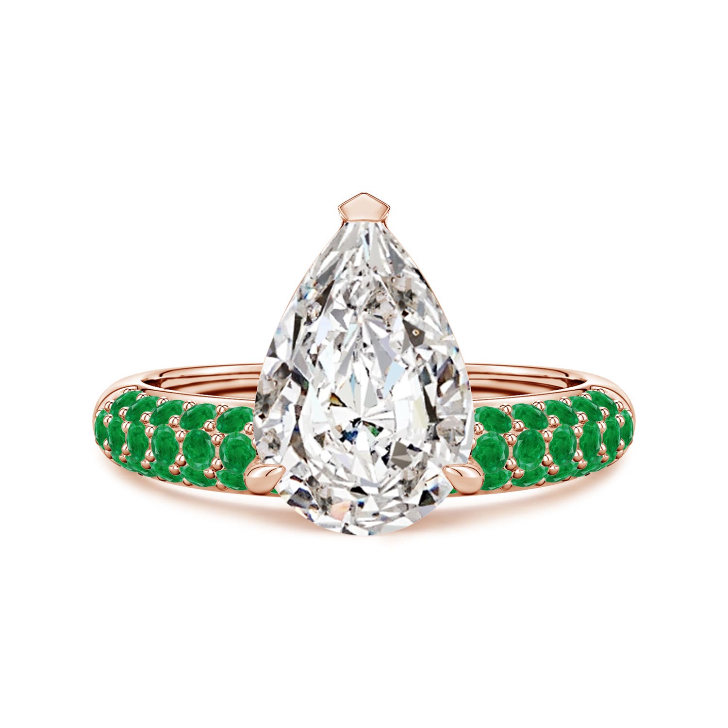 Angara 3.7 CTW Off-Centered Pear Diamond Engagement Ring with Emeralds in 14K Rose Gold