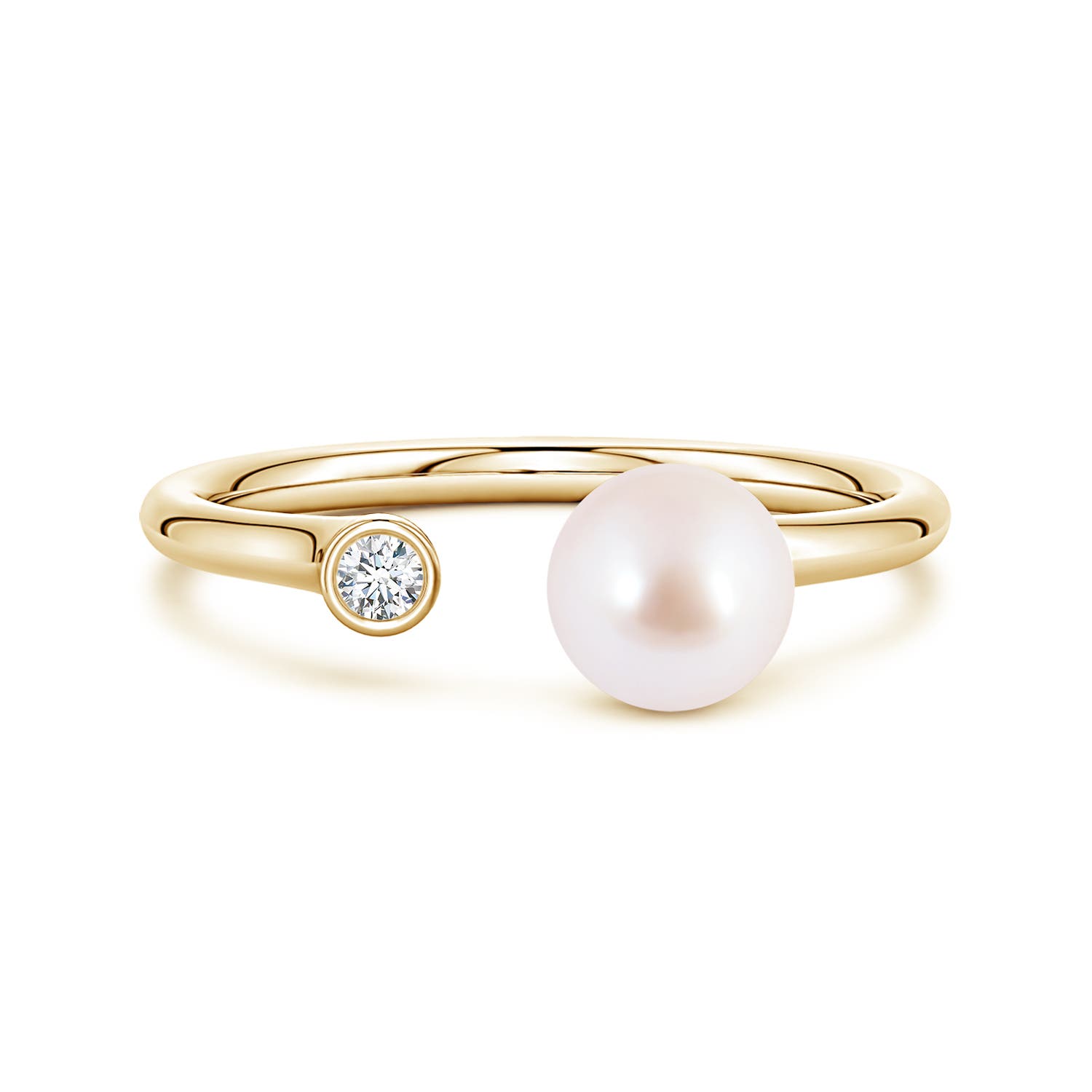 6mm AAA Akoya Pearl and Diamond Open Ring in Yellow Gold
