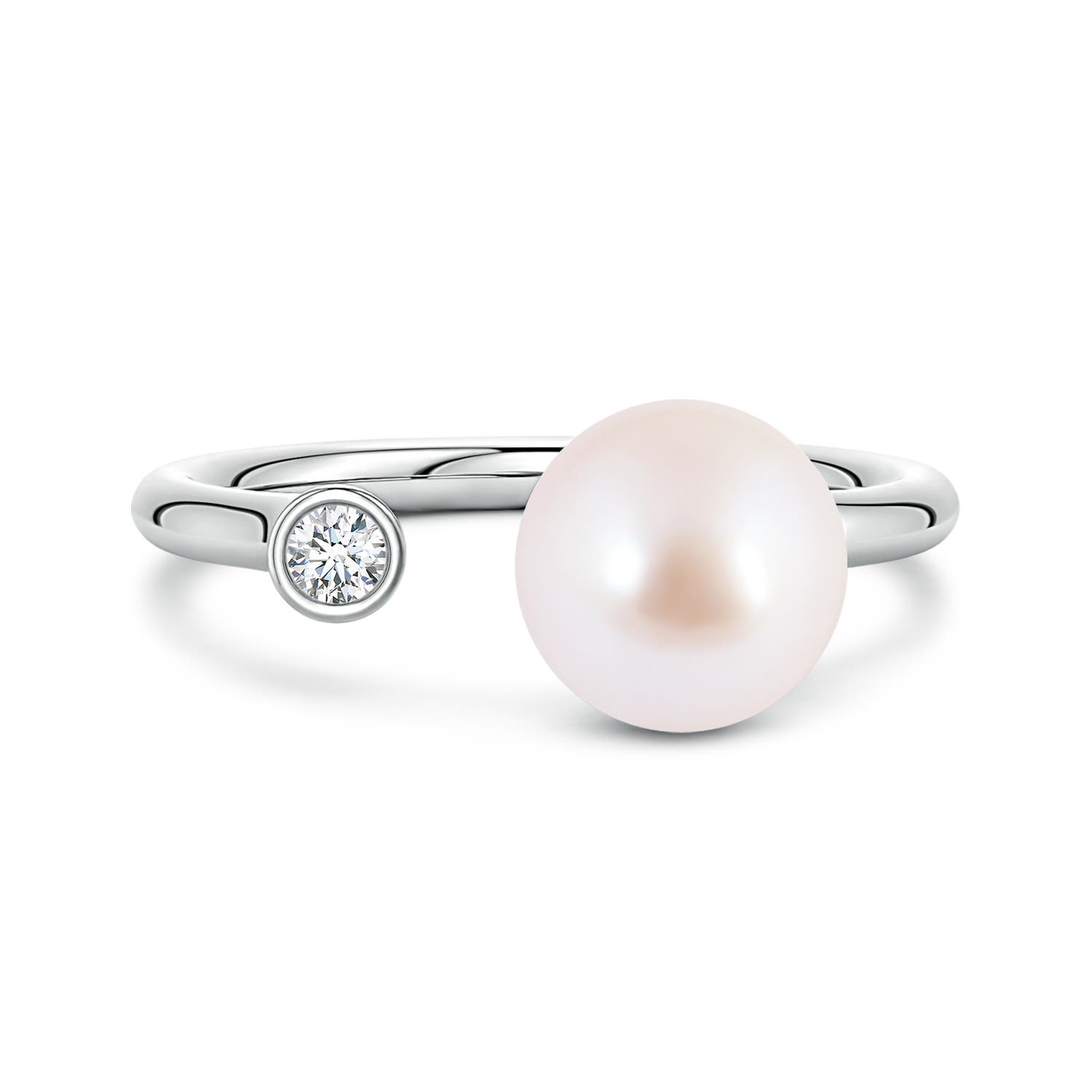 8mm AAA Akoya Pearl and Diamond Open Ring in White Gold