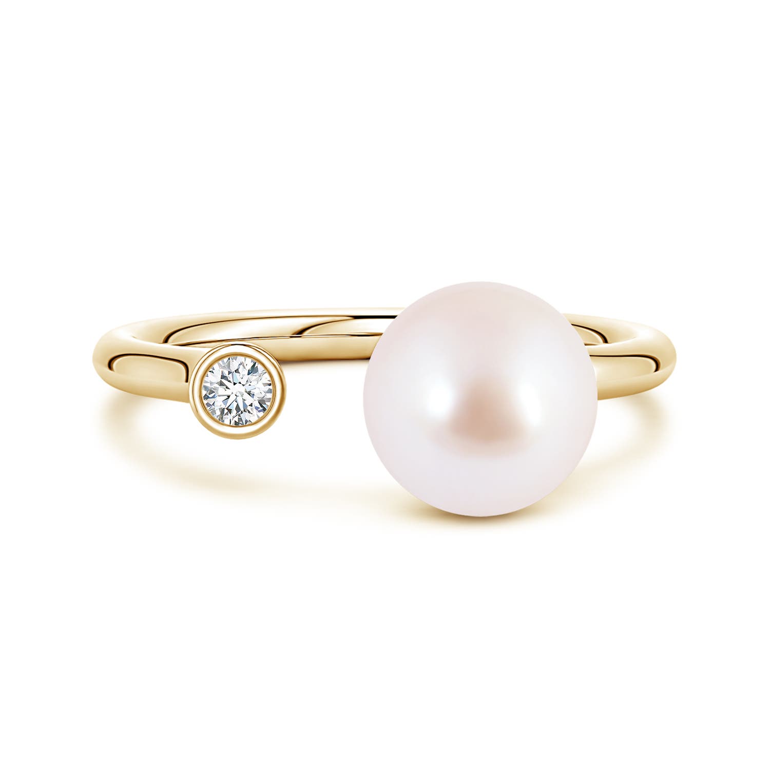 8mm AAA Akoya Pearl and Diamond Open Ring in Yellow Gold