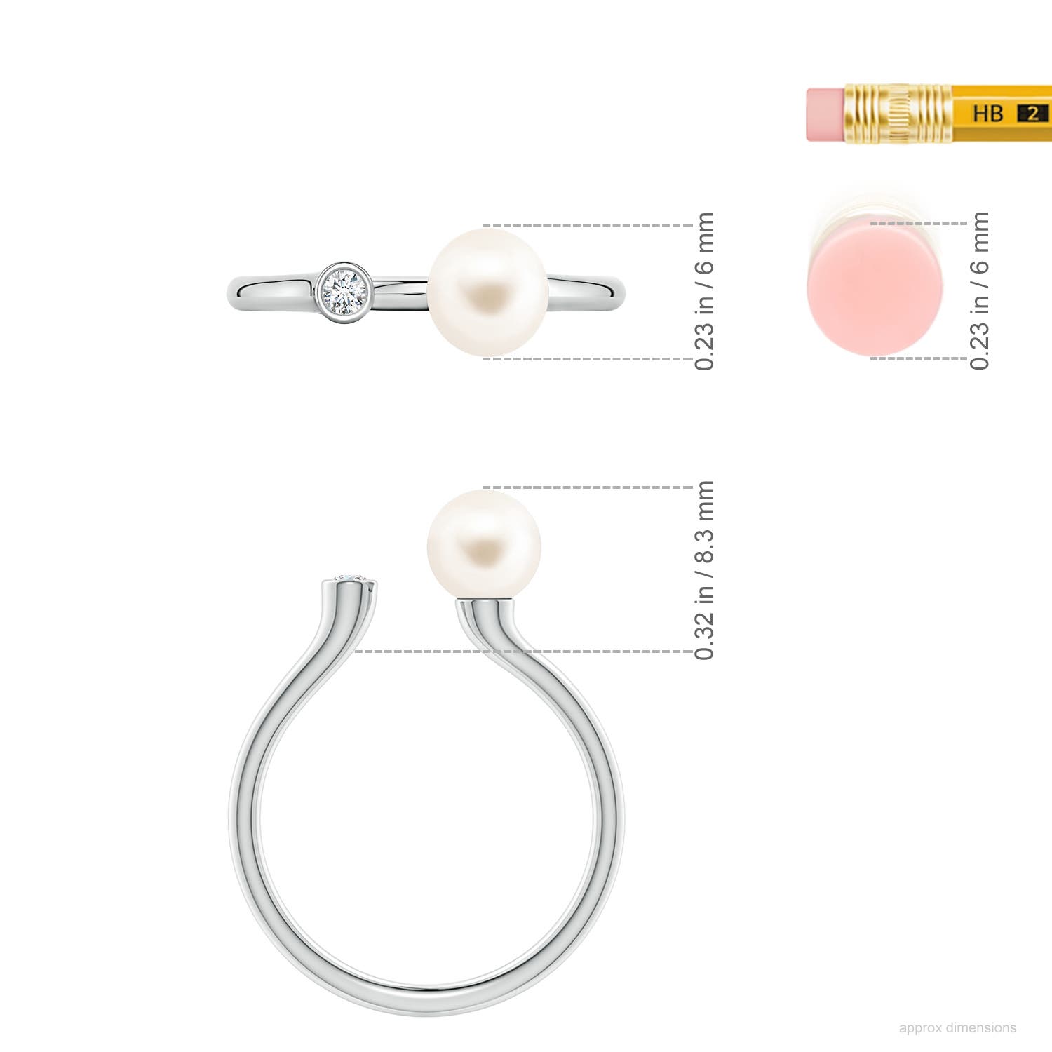 6mm AAA Freshwater Pearl and Diamond Open Ring in White Gold - ruler