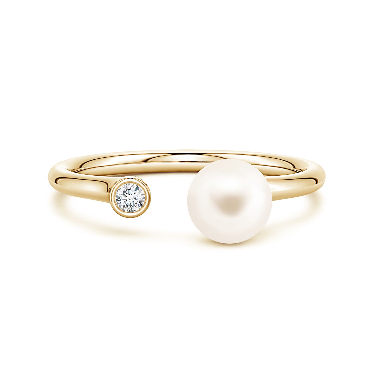 6mm AAA Freshwater Pearl and Diamond Open Ring in Yellow Gold