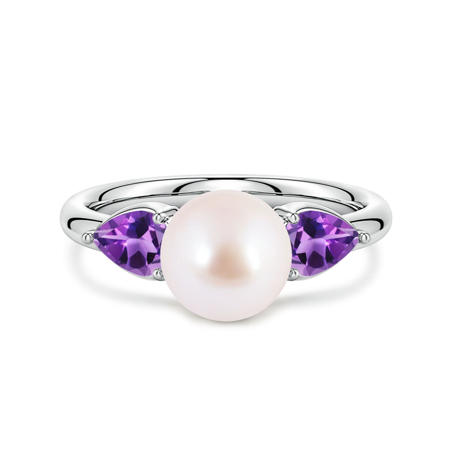 8mm AAA Akoya Pearl and Horizontal Pear Amethyst Side Stone Ring in White Gold
