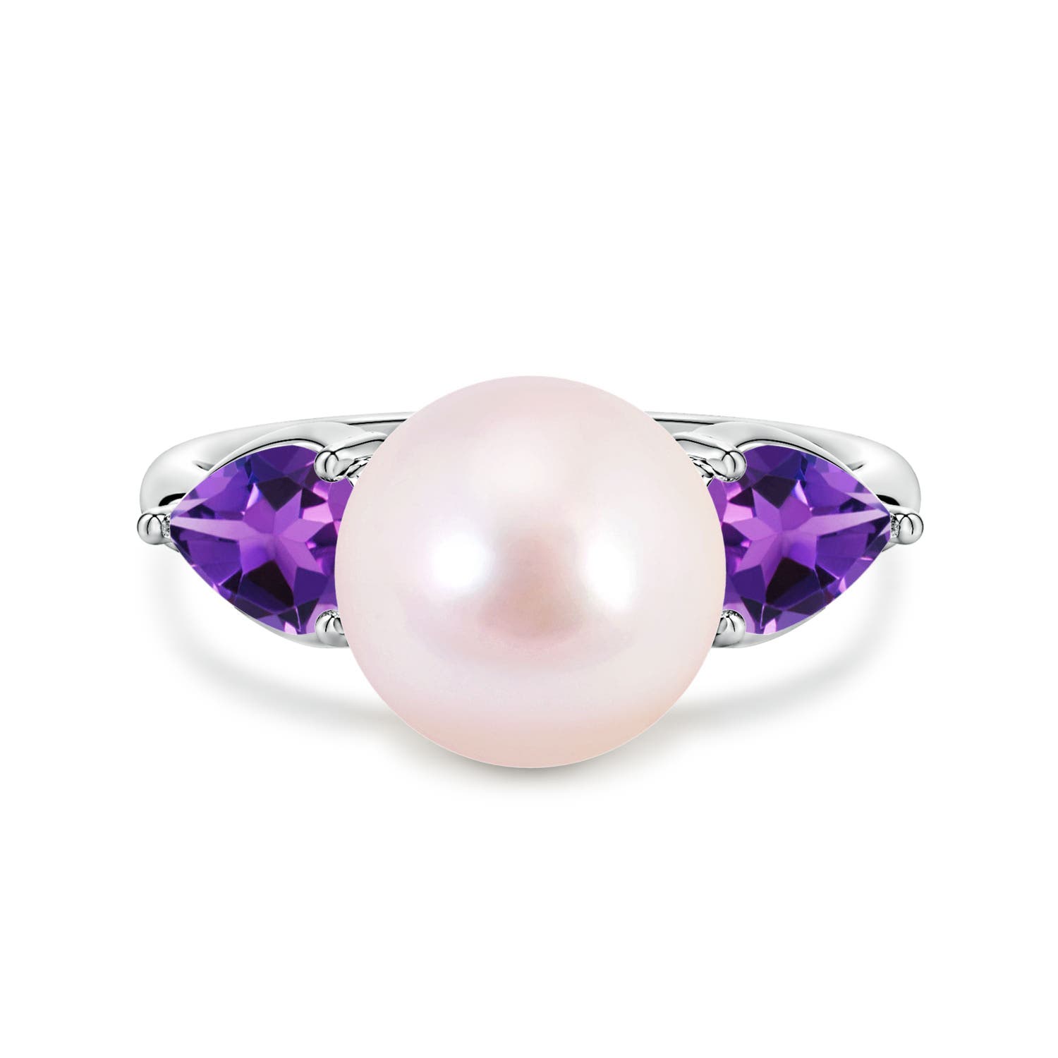 9mm AAAA Akoya Pearl and Horizontal Pear Amethyst Side Stone Ring in White Gold