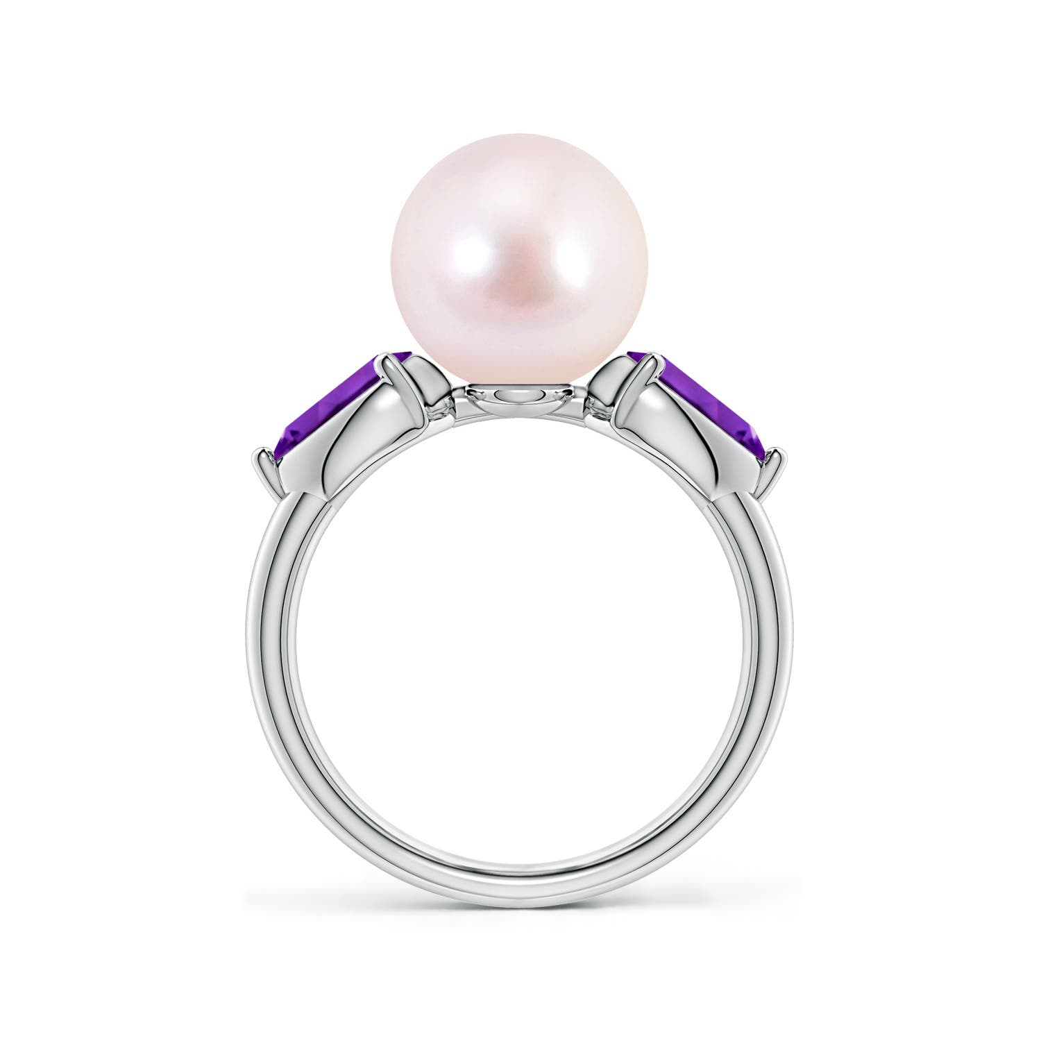 9mm AAAA Akoya Pearl and Horizontal Pear Amethyst Side Stone Ring in White Gold
