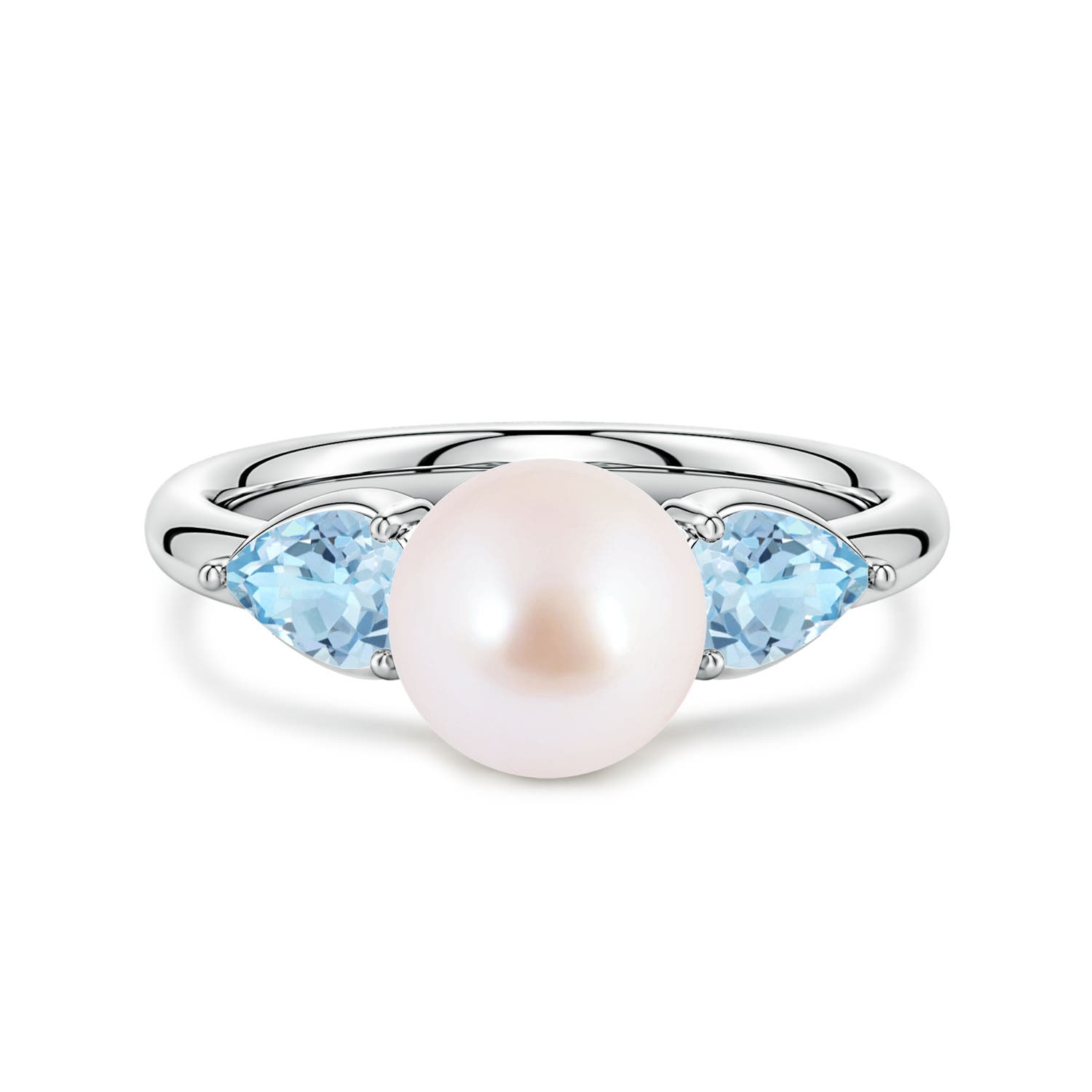 Akoya Pearl and Horizontal Pear Aquamarine Side Stone Ring
