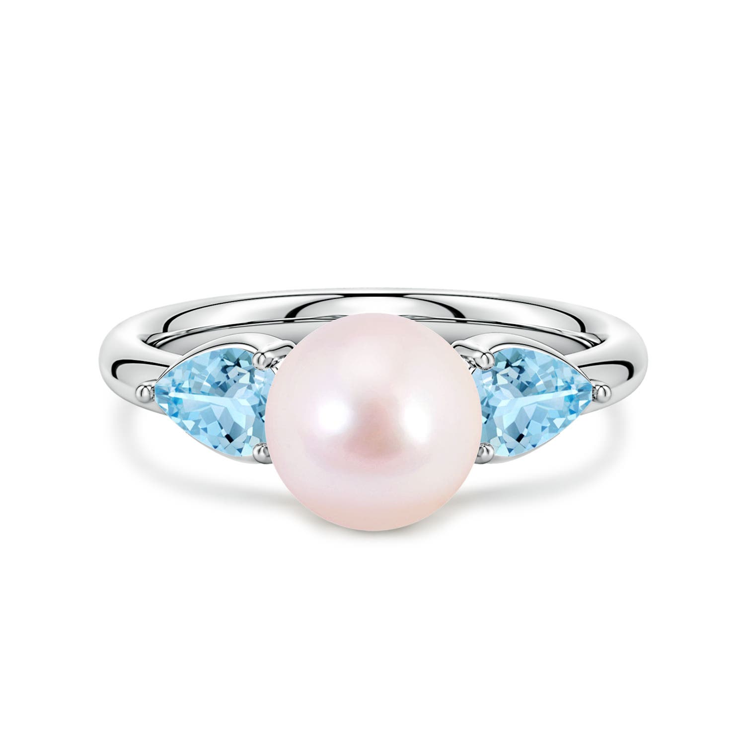 8mm AAAA Akoya Pearl and Horizontal Pear Aquamarine Side Stone Ring in White Gold