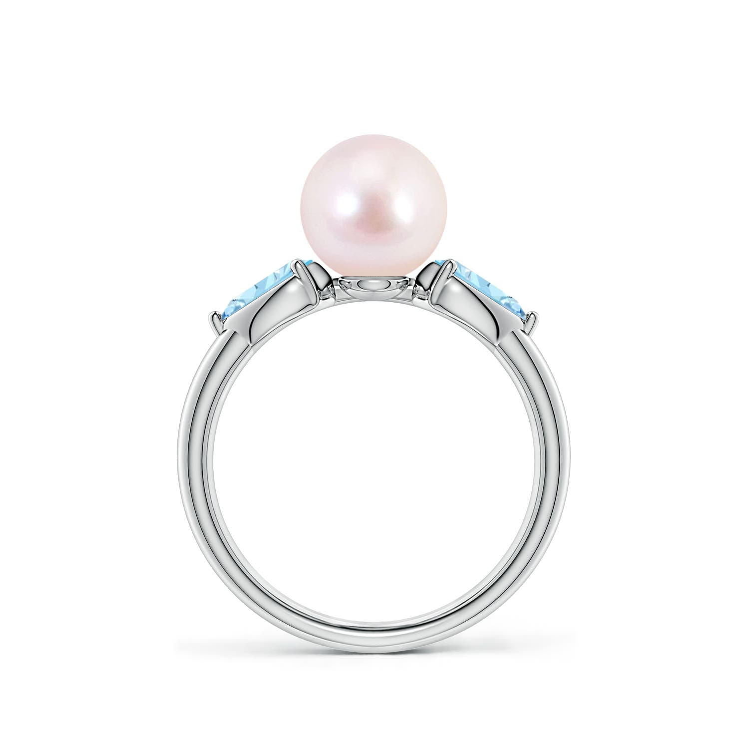 8mm AAAA Akoya Pearl and Horizontal Pear Aquamarine Side Stone Ring in White Gold
