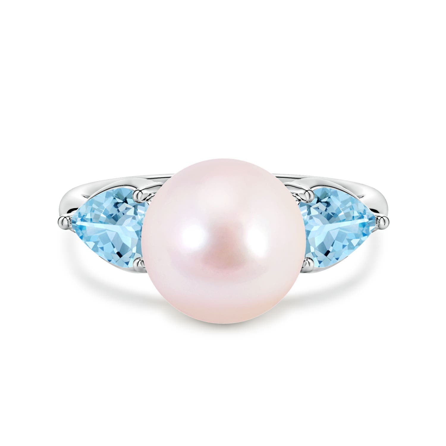 9mm AAAA Akoya Pearl and Horizontal Pear Aquamarine Side Stone Ring in White Gold