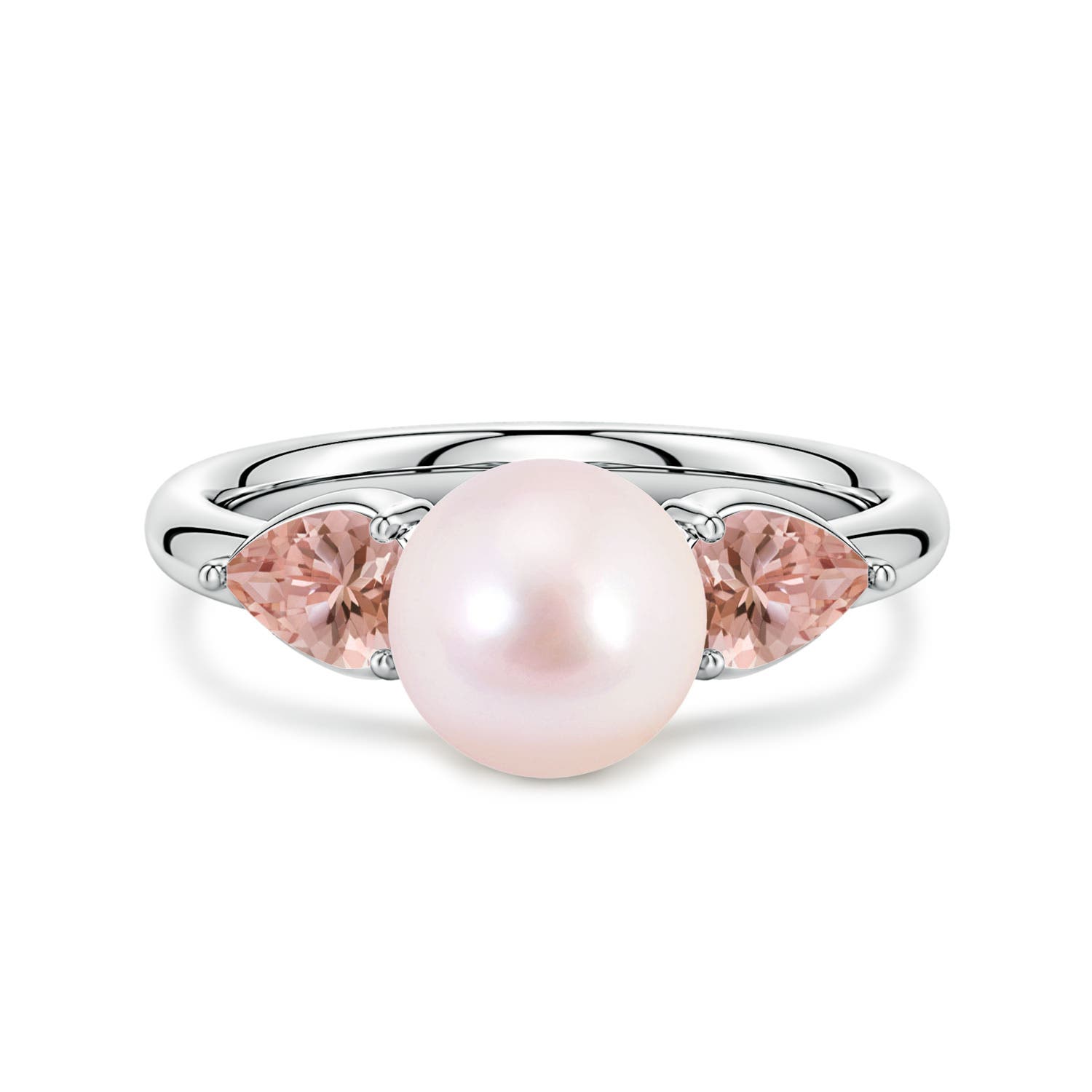 8mm AAAA Akoya Pearl and Horizontal Pear Morganite Side Stone Ring in White Gold