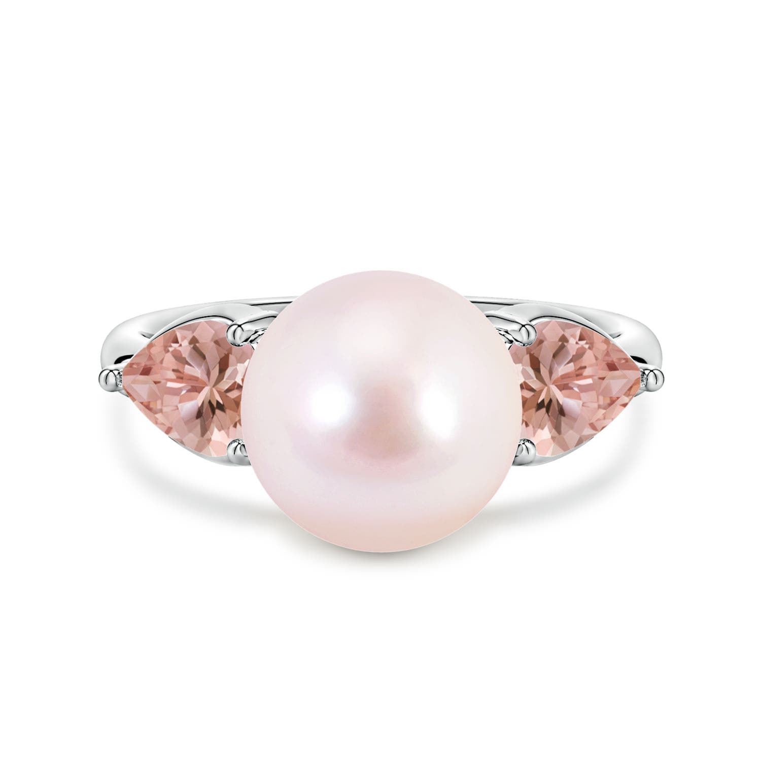9mm AAAA Akoya Pearl and Horizontal Pear Morganite Side Stone Ring in White Gold