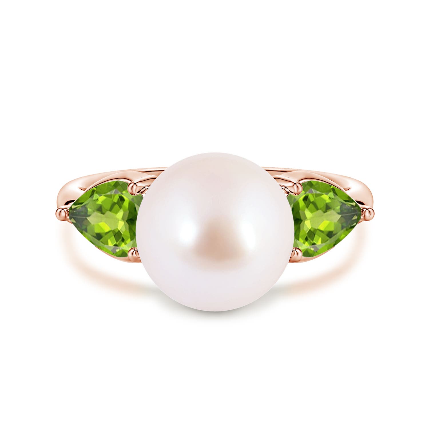 9mm AAA Akoya Pearl and Horizontal Pear Peridot Side Stone Ring in Rose Gold