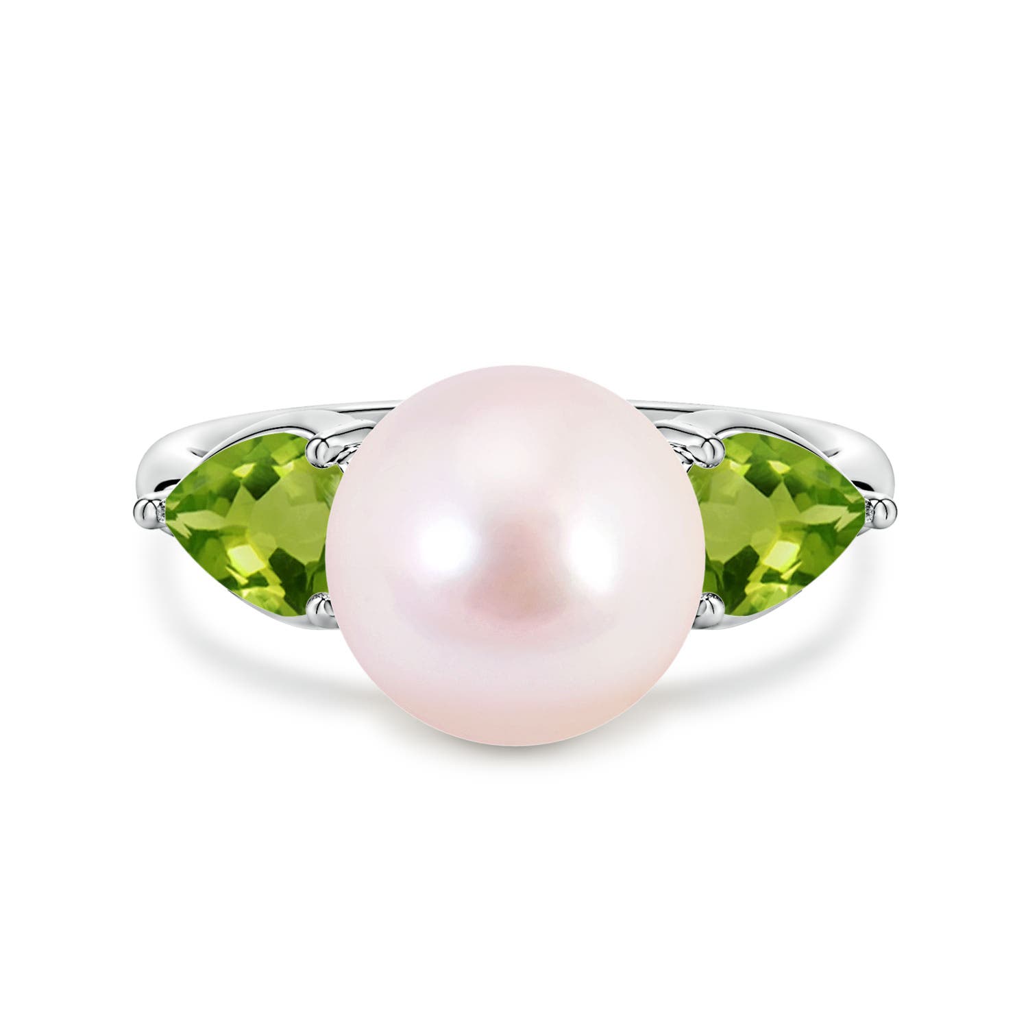 9mm AAAA Akoya Pearl and Horizontal Pear Peridot Side Stone Ring in White Gold