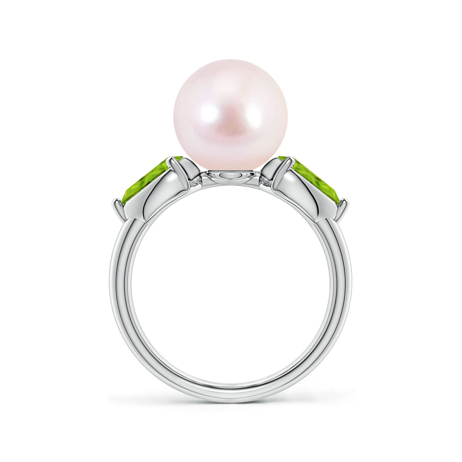 9mm AAAA Akoya Pearl and Horizontal Pear Peridot Side Stone Ring in White Gold