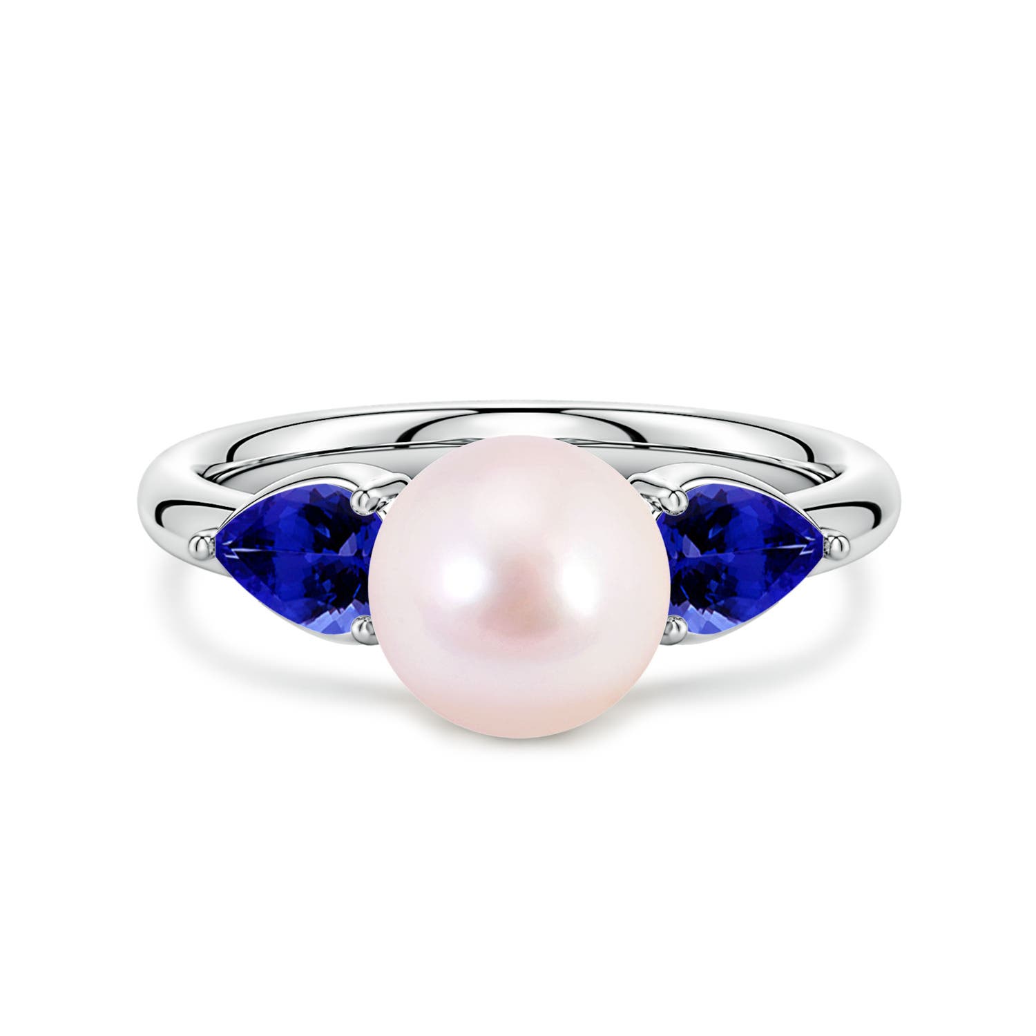 8mm AAAA Akoya Pearl and Horizontal Pear Tanzanite Side Stone Ring in White Gold