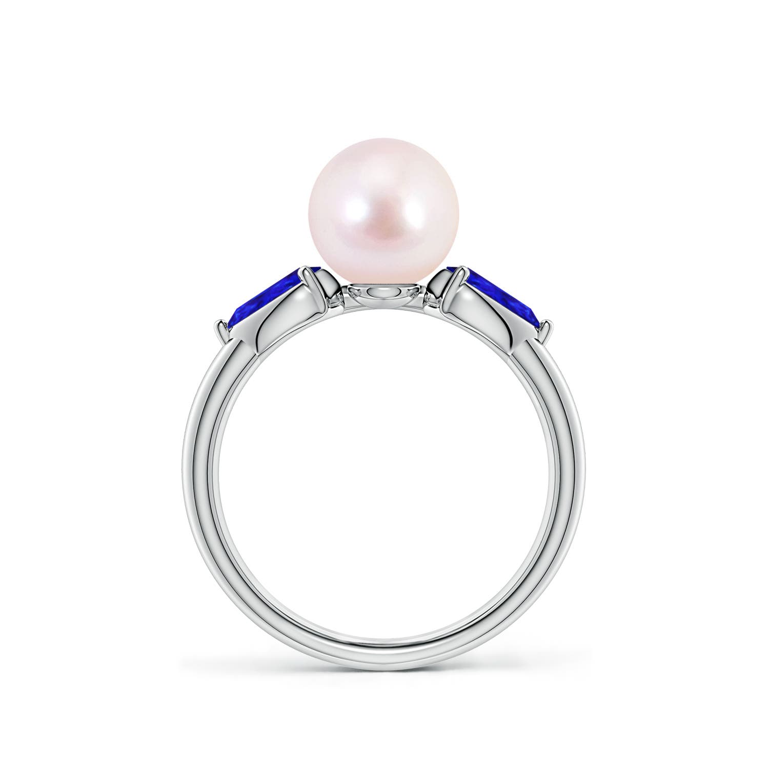 8mm AAAA Akoya Pearl and Horizontal Pear Tanzanite Side Stone Ring in White Gold