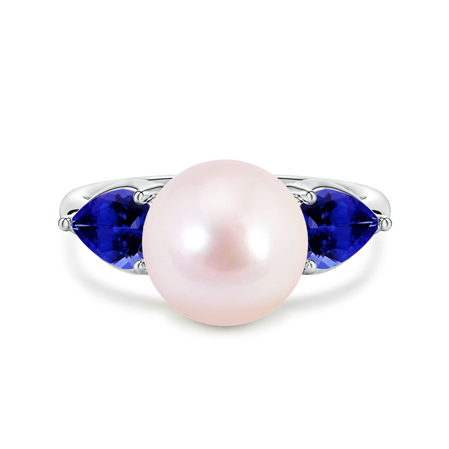 9mm AAAA Akoya Pearl and Horizontal Pear Tanzanite Side Stone Ring in White Gold